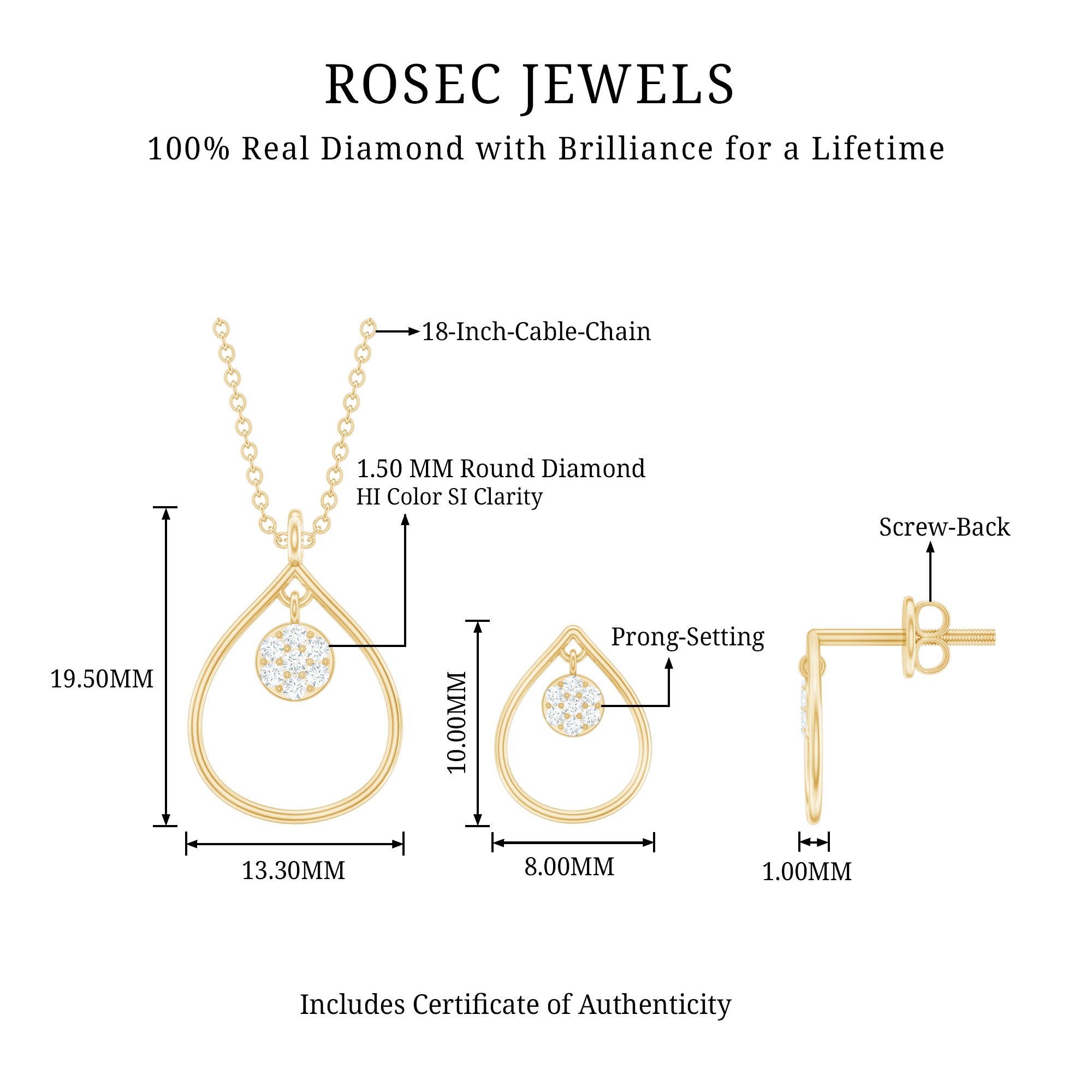 Diamond Wedding Necklace Earring Set for Bride Lab - ( EF-VS ) - Rosec Jewels