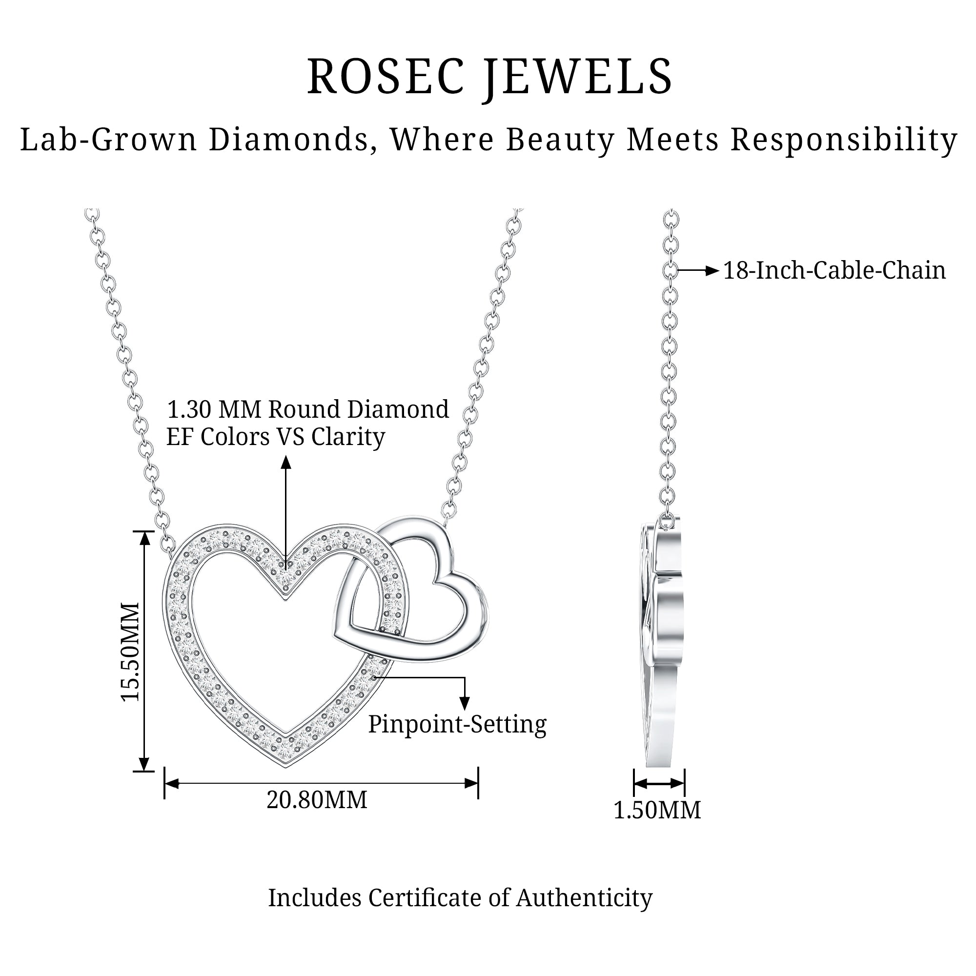 Diamond 2 Heart Promise Necklace Lab - ( EF-VS ) - Rosec Jewels