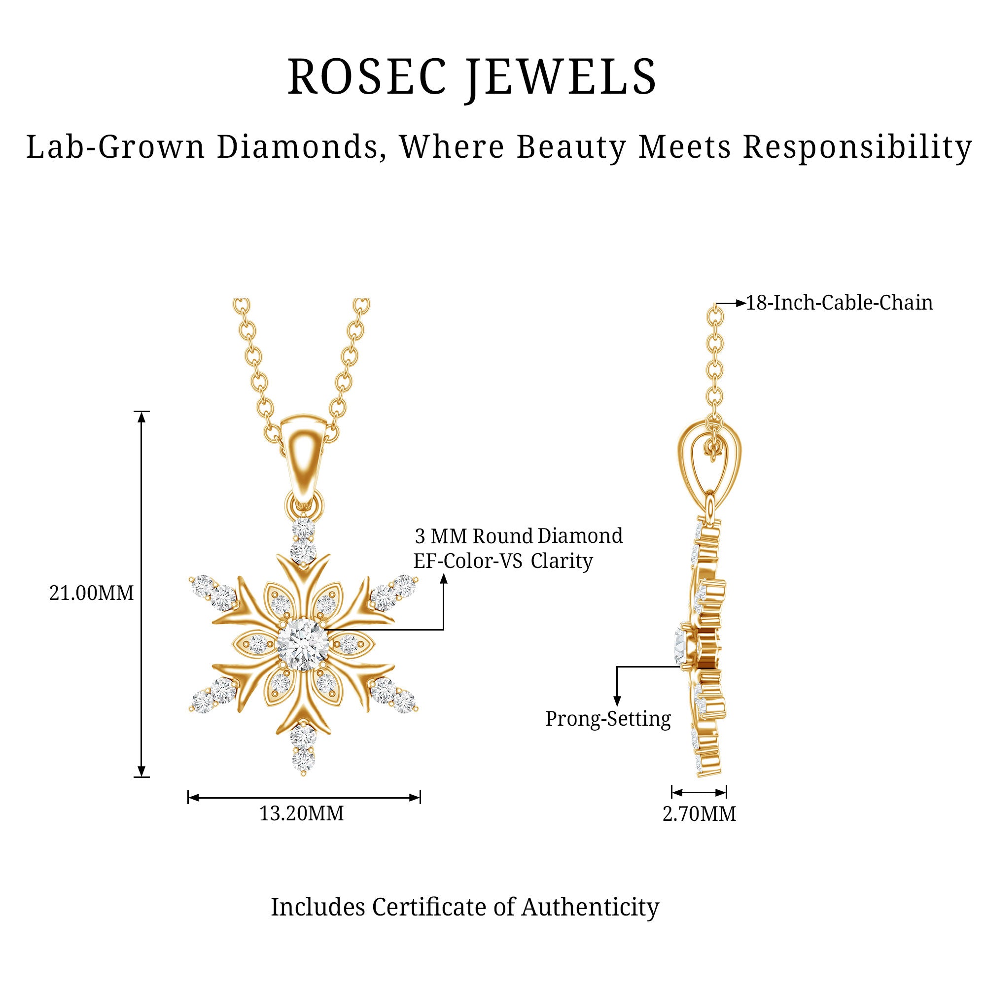 Certified Diamond Snowflake Christmas Necklace Lab - ( EF-VS ) - Rosec Jewels