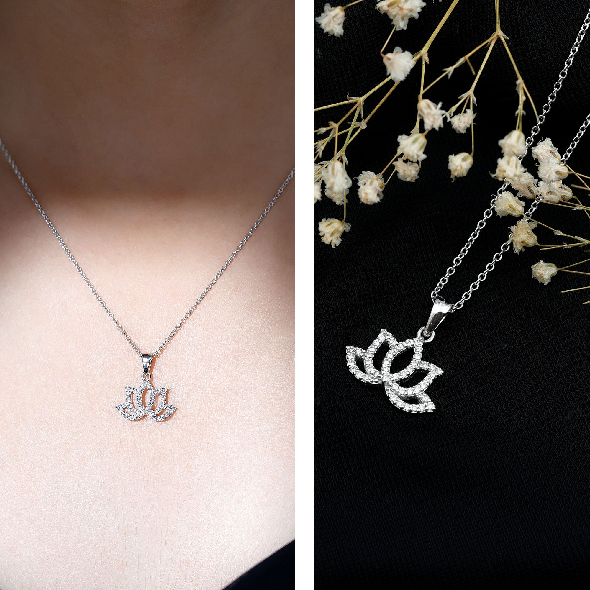 Diamond Lotus Flower Necklace in Pave Setting Lab - ( EF-VS ) - Rosec Jewels