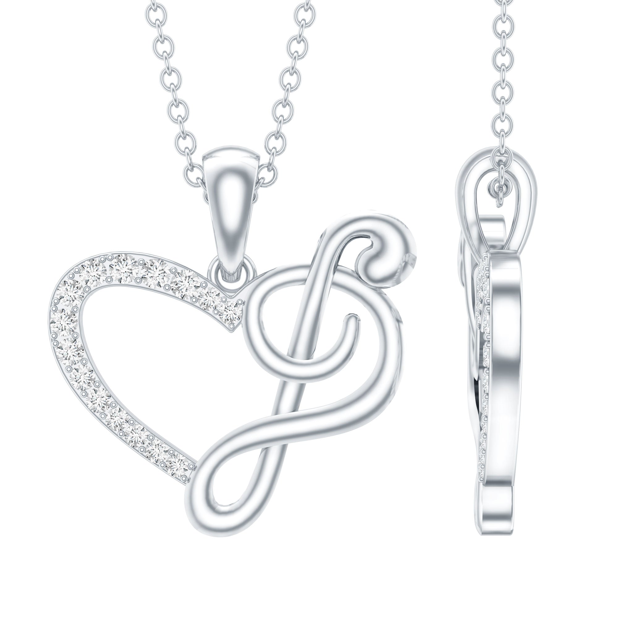 Diamond Heart and Music Note Necklace Lab - ( EF-VS ) - Rosec Jewels