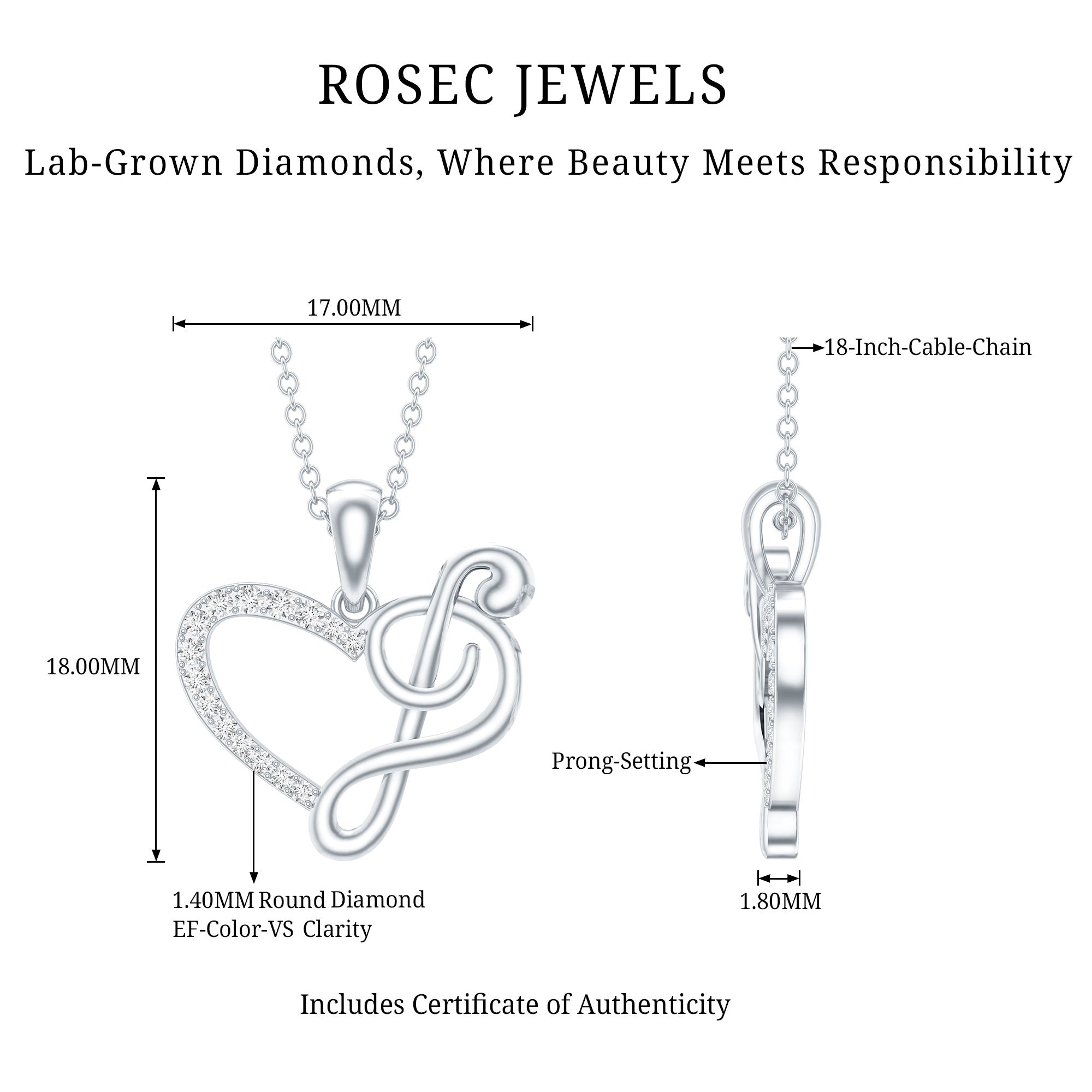 Diamond Heart and Music Note Necklace Lab - ( EF-VS ) - Rosec Jewels