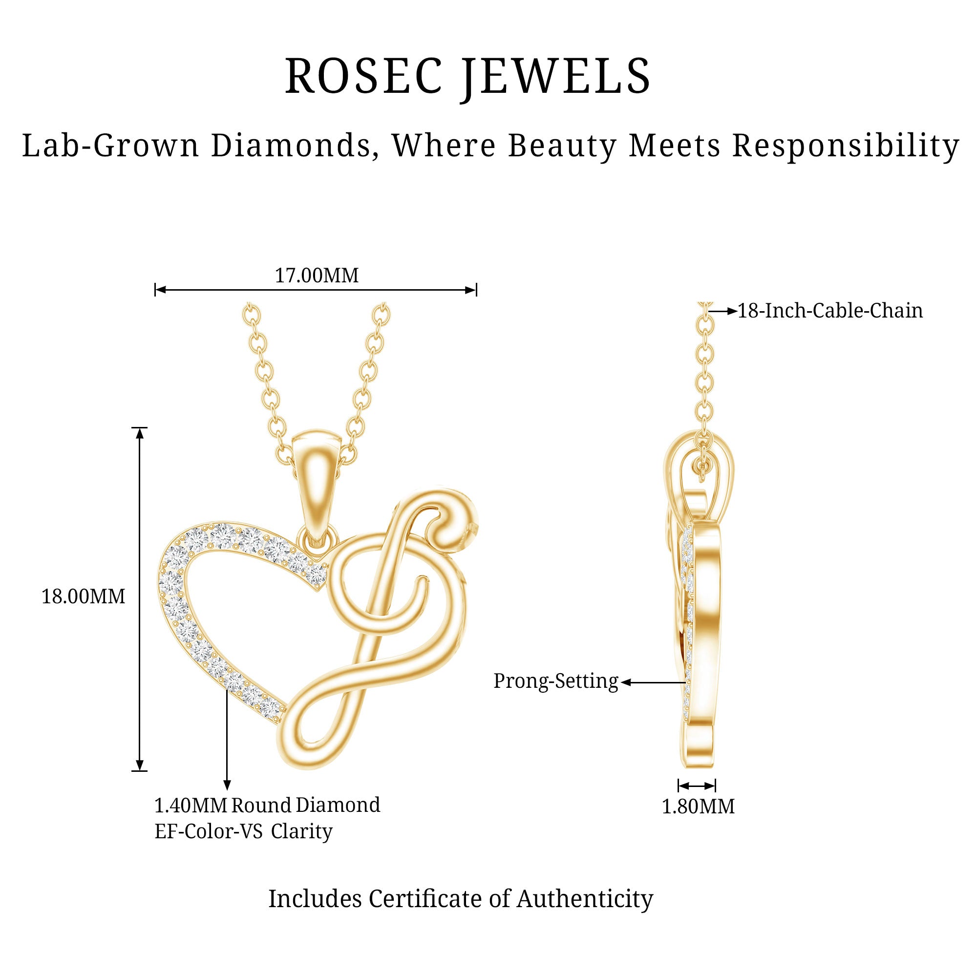 Diamond Heart and Music Note Necklace Lab - ( EF-VS ) - Rosec Jewels