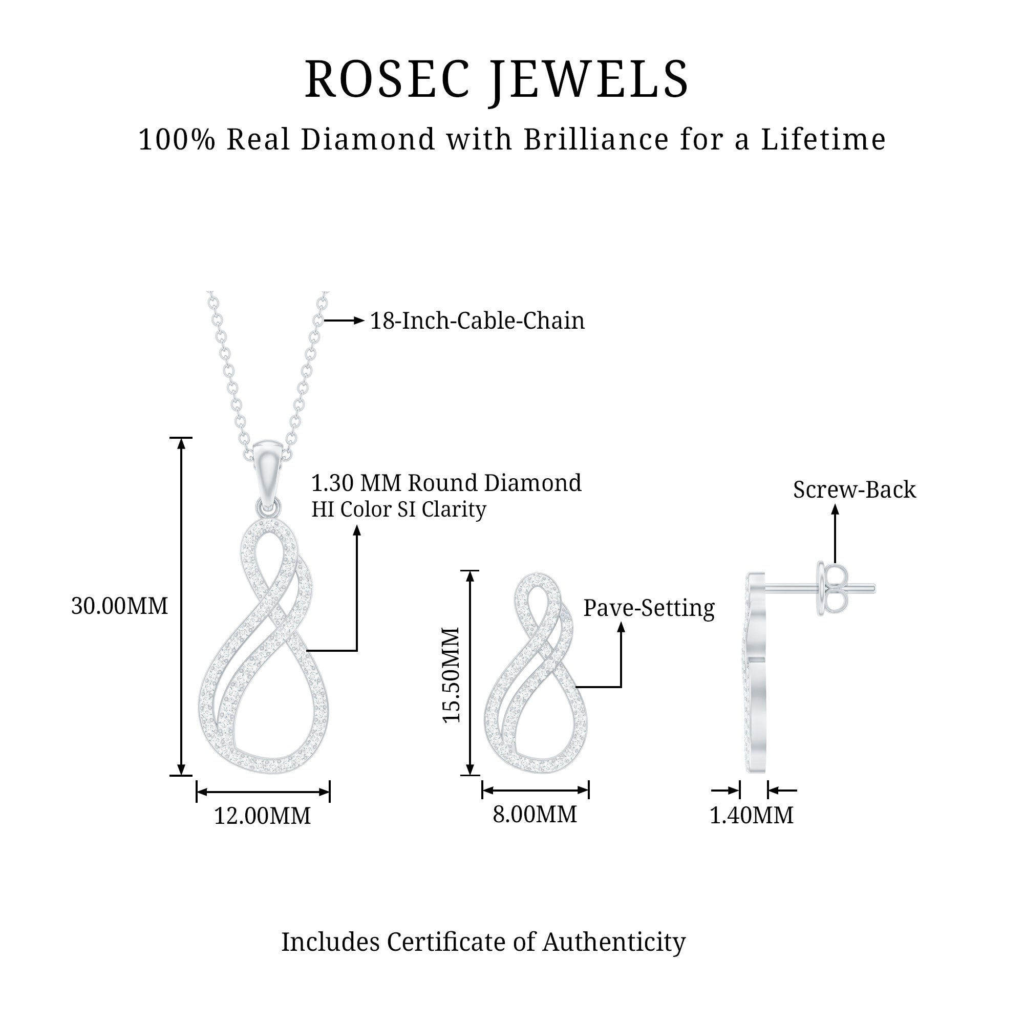 Rosec Jewels-Infinity Earrings and Necklace Set with 3/4 CT Diamond