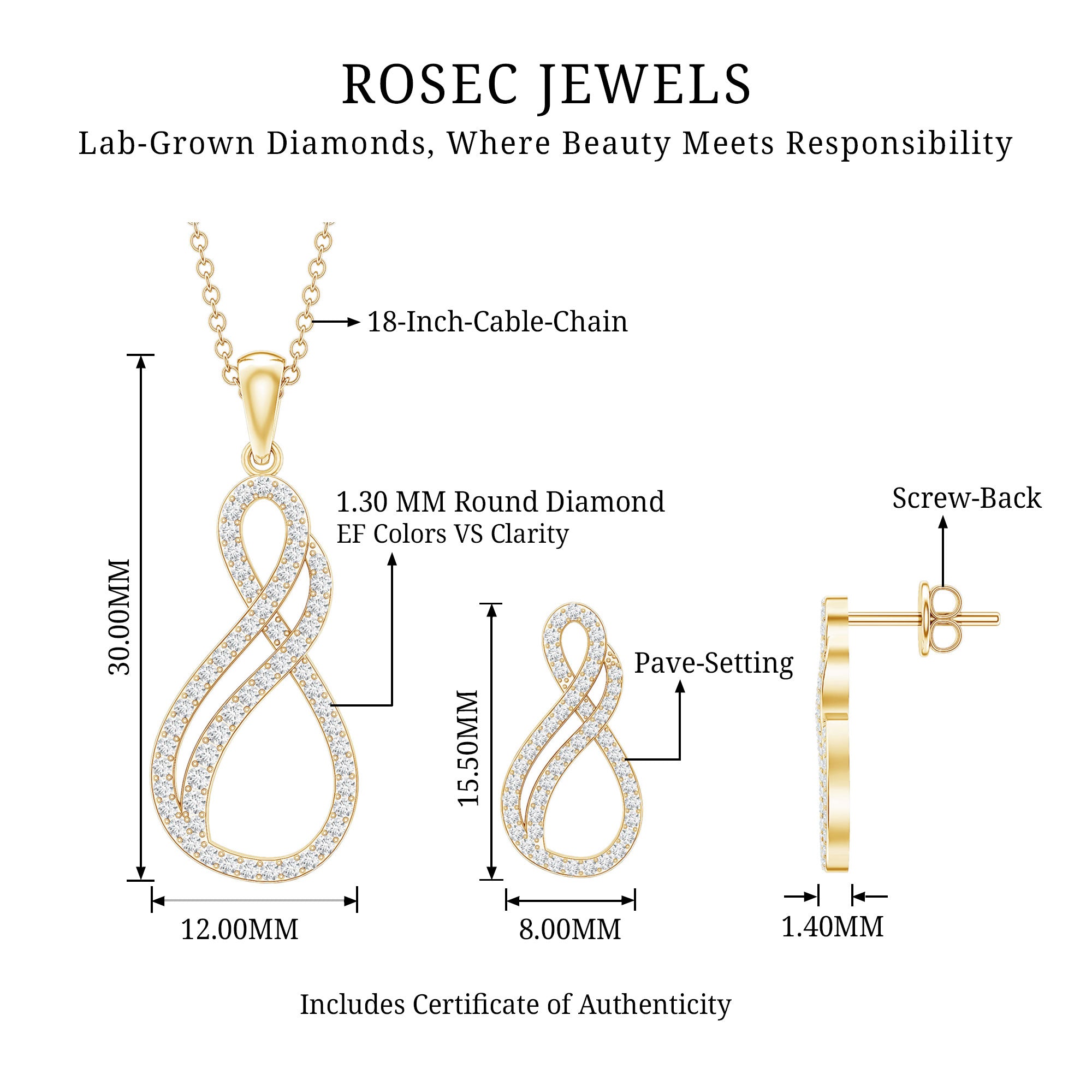 Diamond Infinity Necklace Earrings Set For Women Lab - ( EF-VS ) - Rosec Jewels