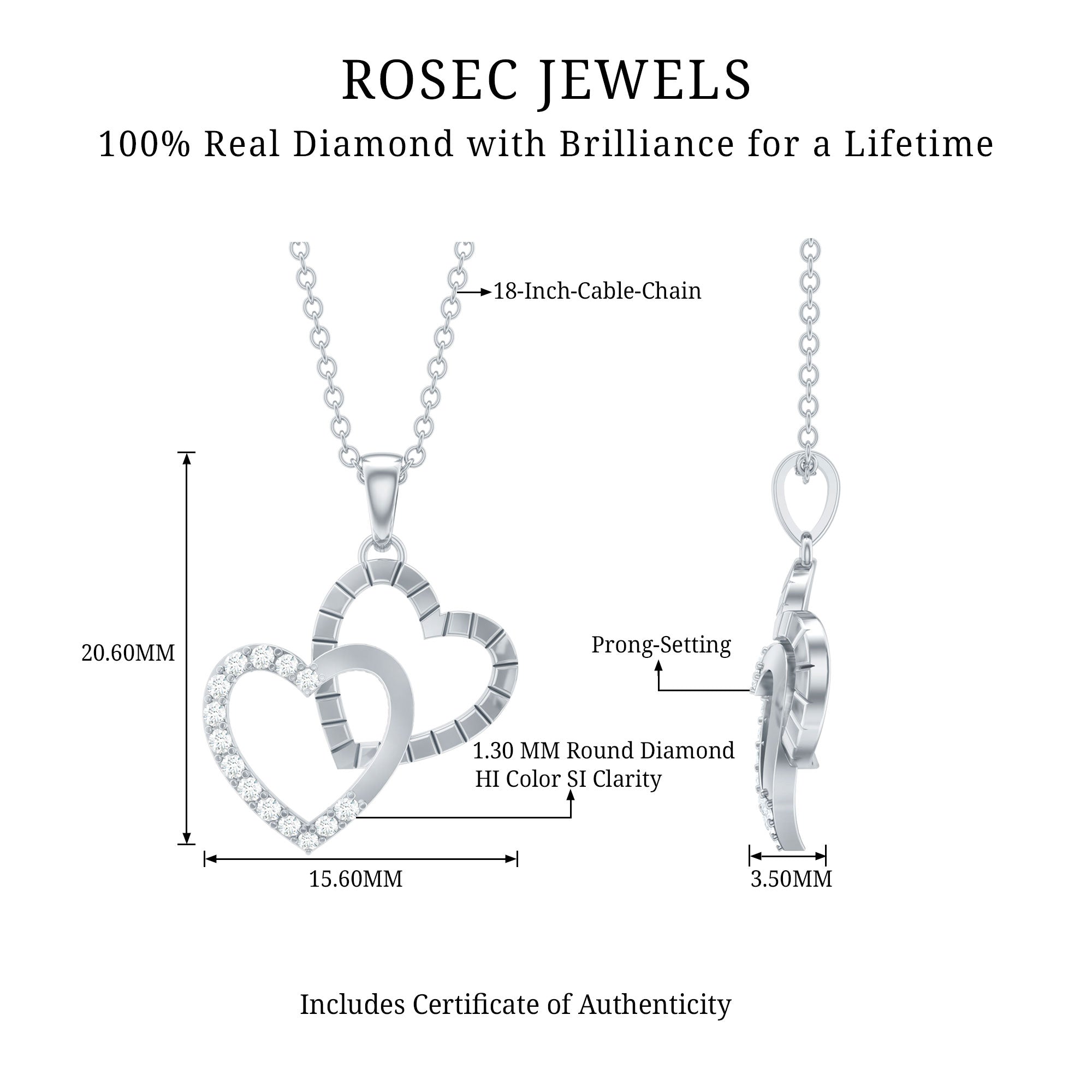 Rosec Jewels-Pave Set Diamond Double Heart Pendant