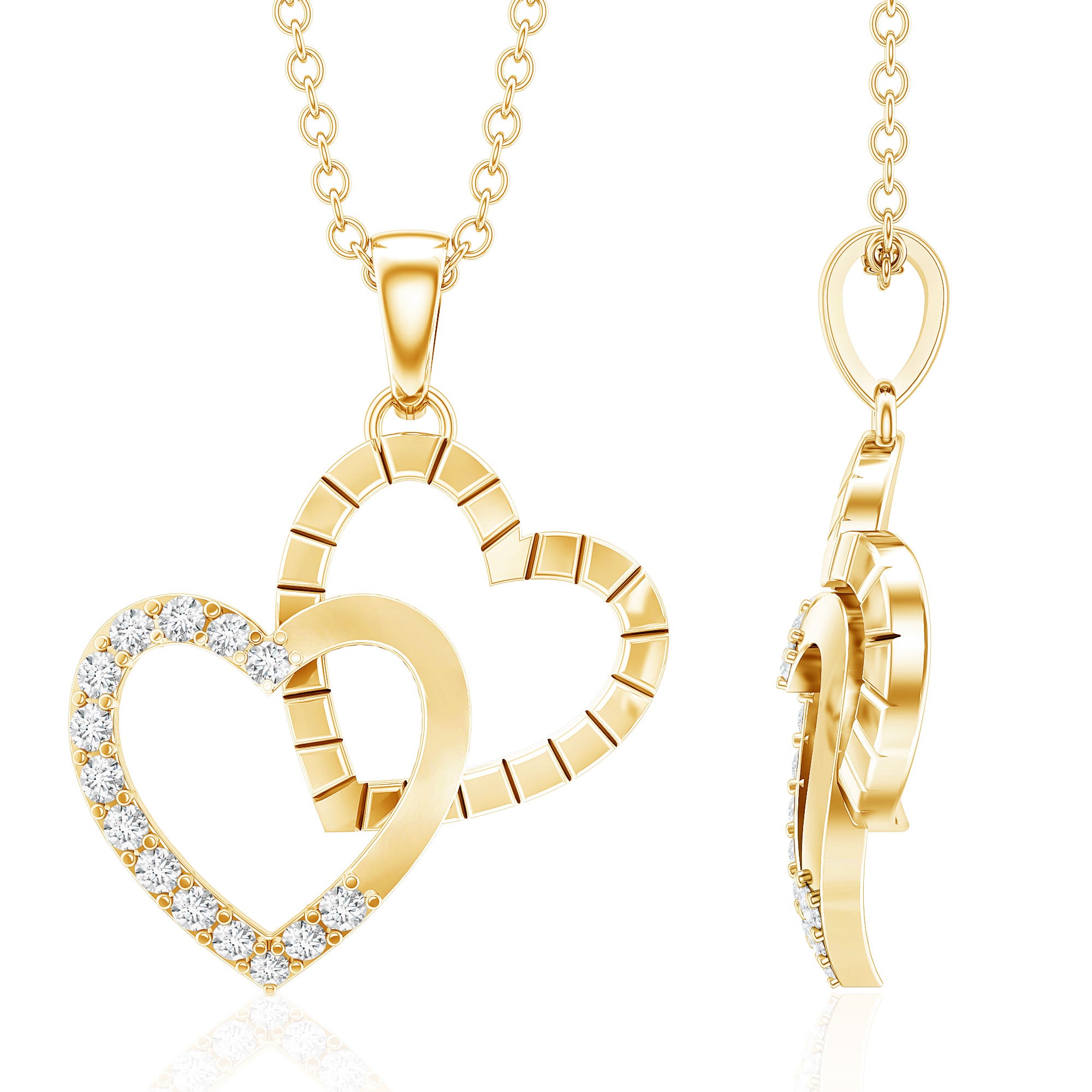 Pave Set Diamond Double Heart Necklace Lab - ( EF-VS ) - Rosec Jewels