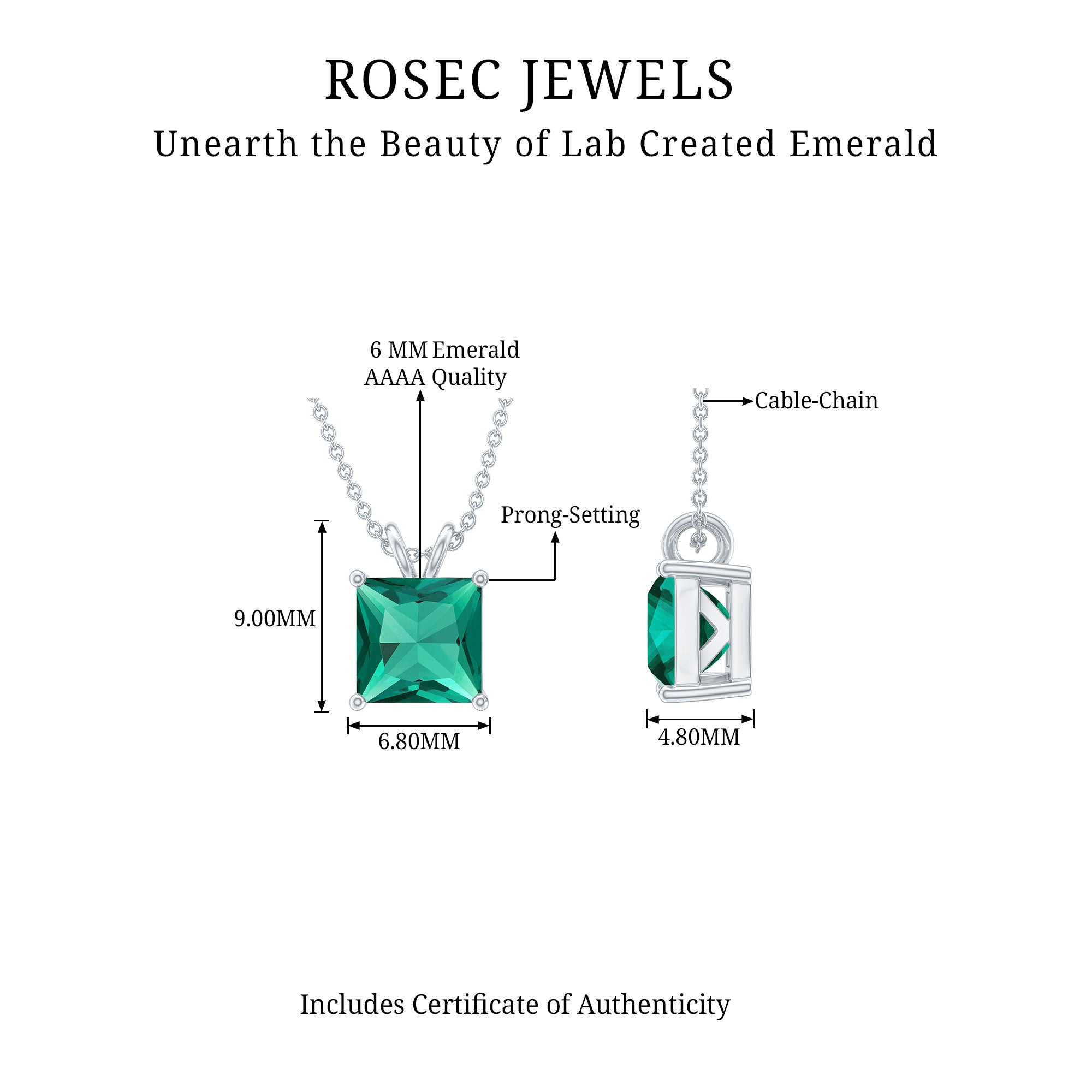 Certified Square Cut Lab Grown Emerald Solitaire Necklace With Chain AAAA - Rosec Jewels