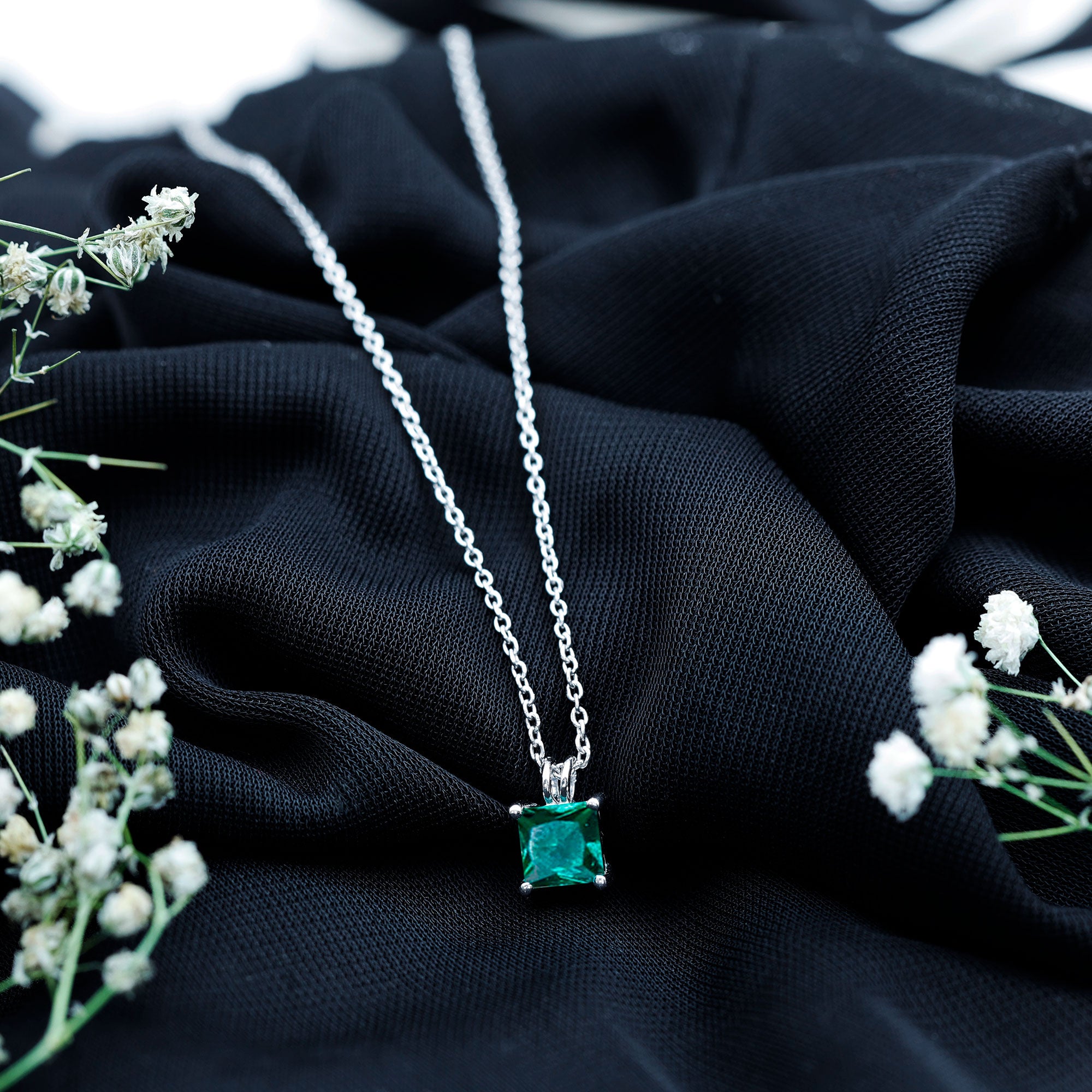 Certified Square Cut Lab Grown Emerald Solitaire Necklace With Chain AAAA - Rosec Jewels