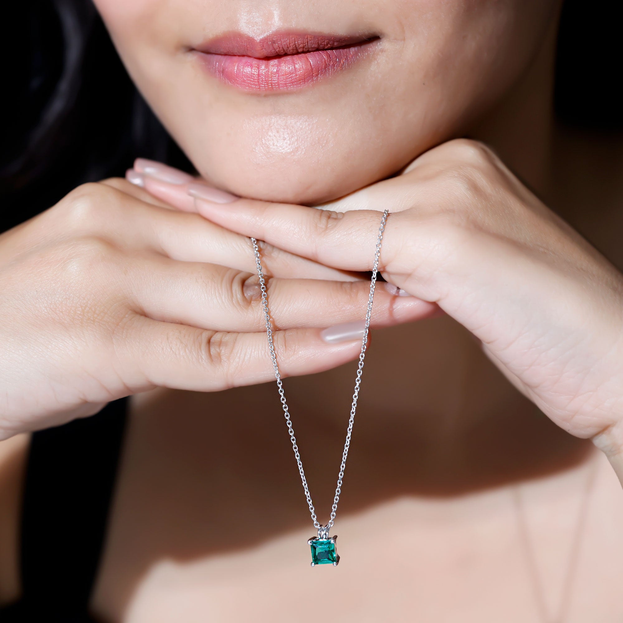 Certified Square Cut Lab Grown Emerald Solitaire Necklace With Chain AAAA - Rosec Jewels