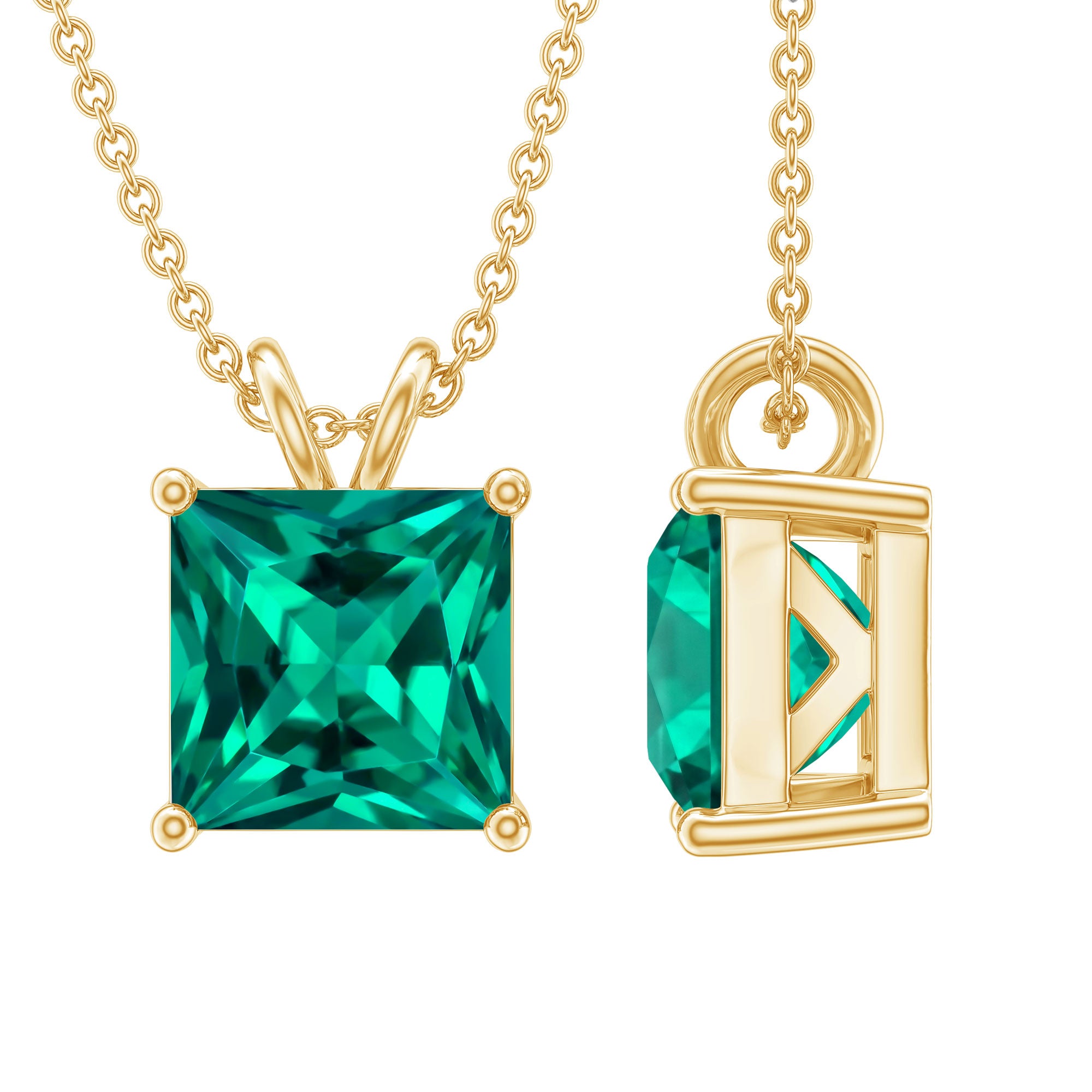 Certified Square Cut Lab Grown Emerald Solitaire Necklace With Chain AAAA - Rosec Jewels