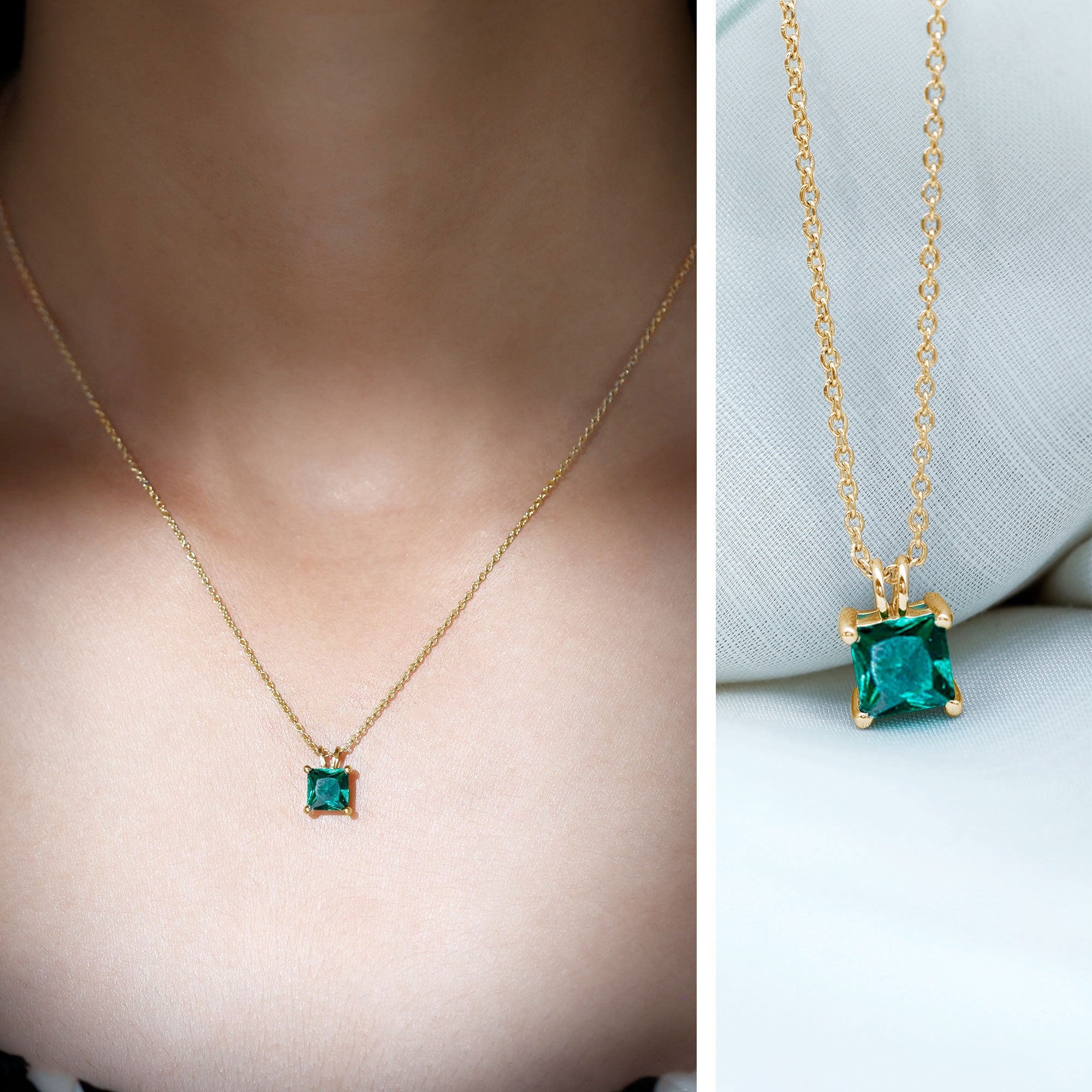 Certified Square Cut Lab Grown Emerald Solitaire Necklace With Chain AAAA - Rosec Jewels