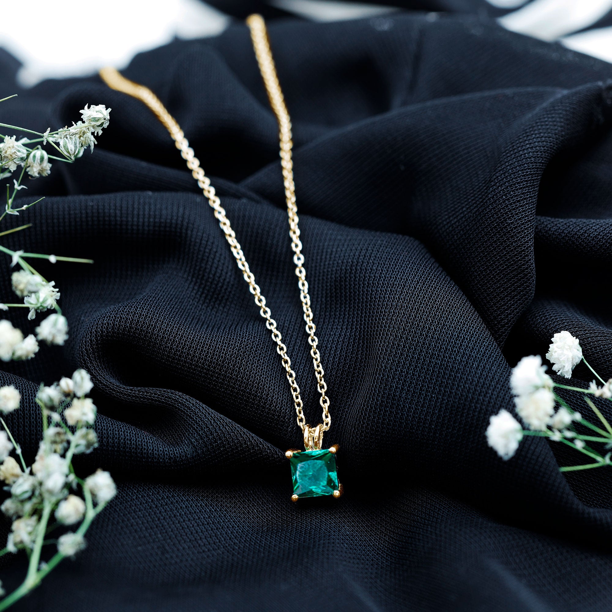 Certified Square Cut Lab Grown Emerald Solitaire Necklace With Chain AAAA - Rosec Jewels
