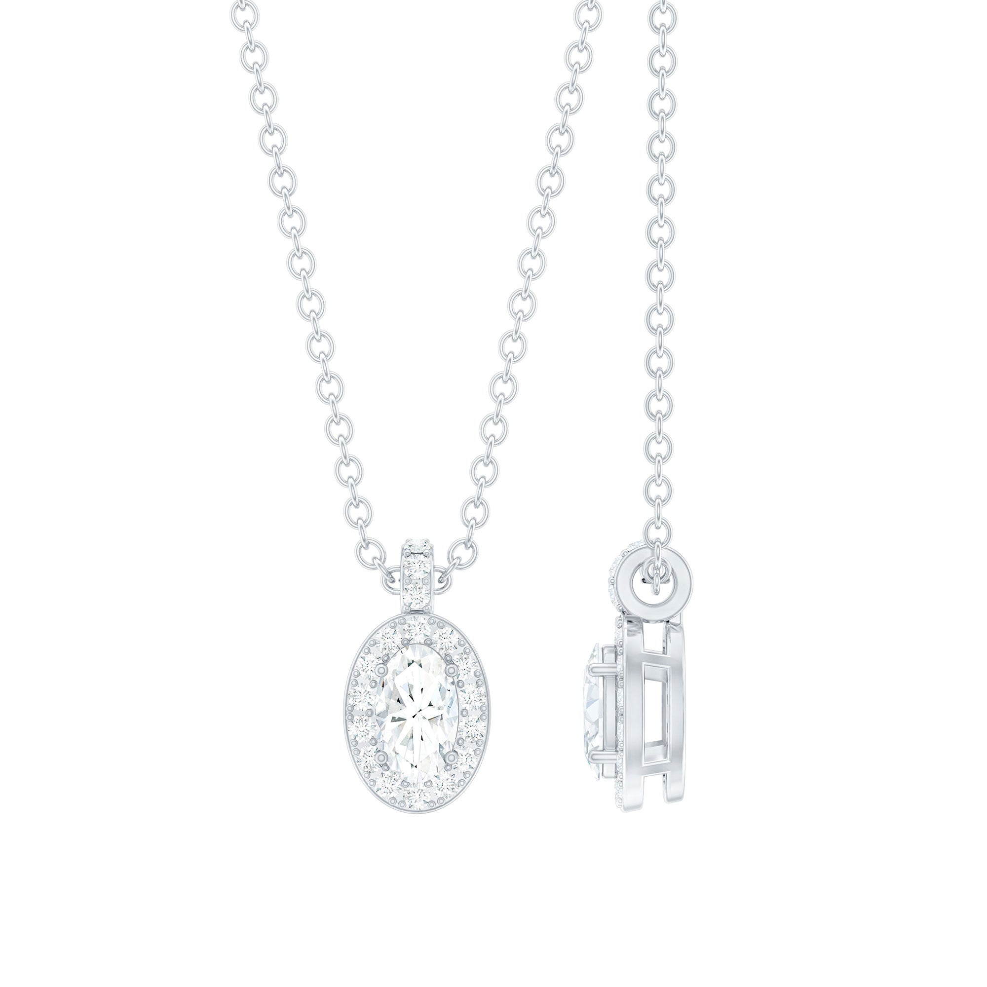 Oval Shaped Real Diamond Pendant Necklace With Chain Natural - ( HI-SI ) - Rosec Jewels
