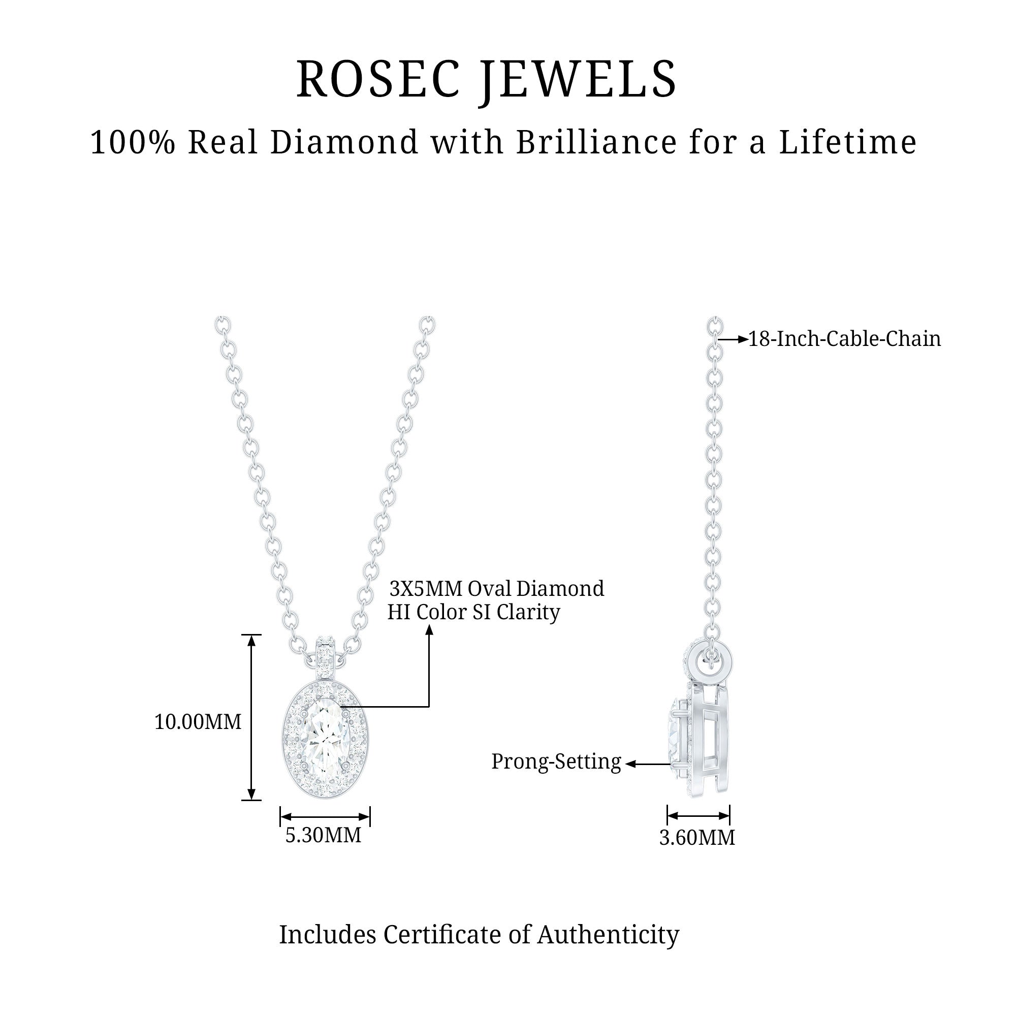 Oval Shaped Real Diamond Pendant Necklace With Chain Natural - ( HI-SI ) - Rosec Jewels