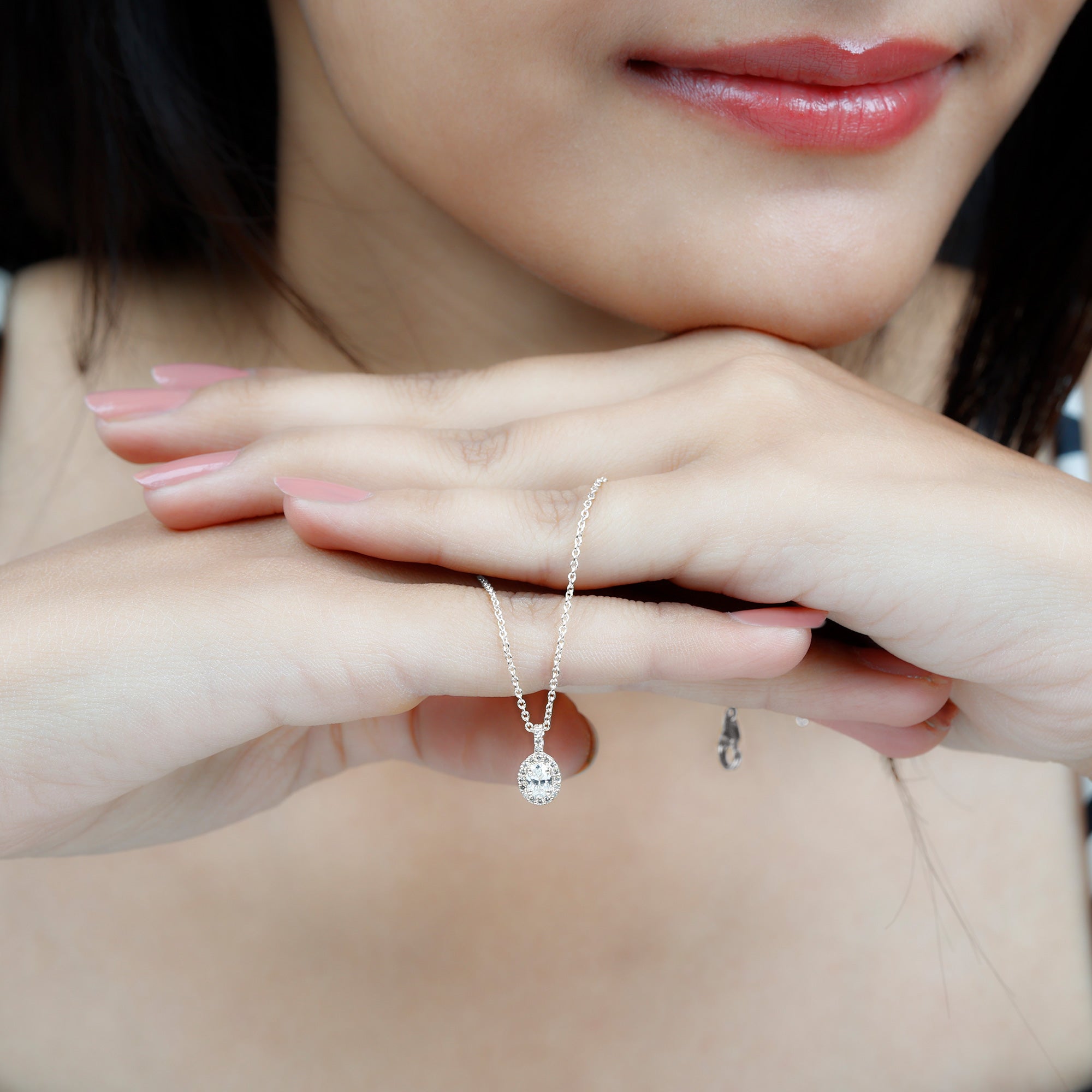 Oval Shaped Real Diamond Pendant Necklace With Chain Natural - ( HI-SI ) - Rosec Jewels
