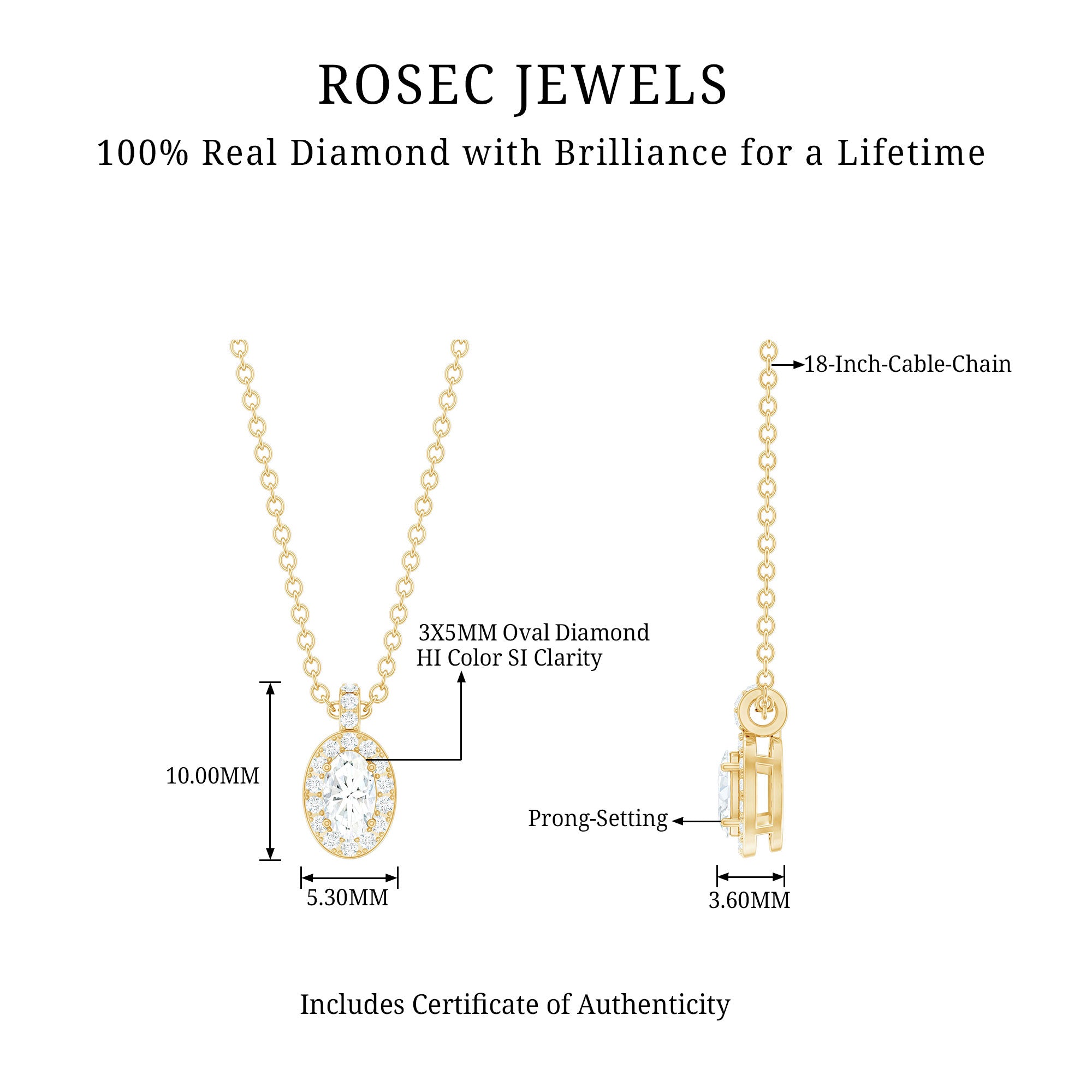 Oval Shaped Real Diamond Pendant Necklace With Chain Natural - ( HI-SI ) - Rosec Jewels