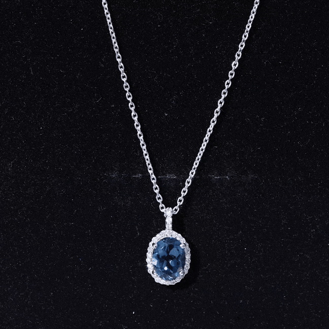 Genuine London Blue Topaz and Diamond Classic Necklace With Chain AAA - Rosec Jewels
