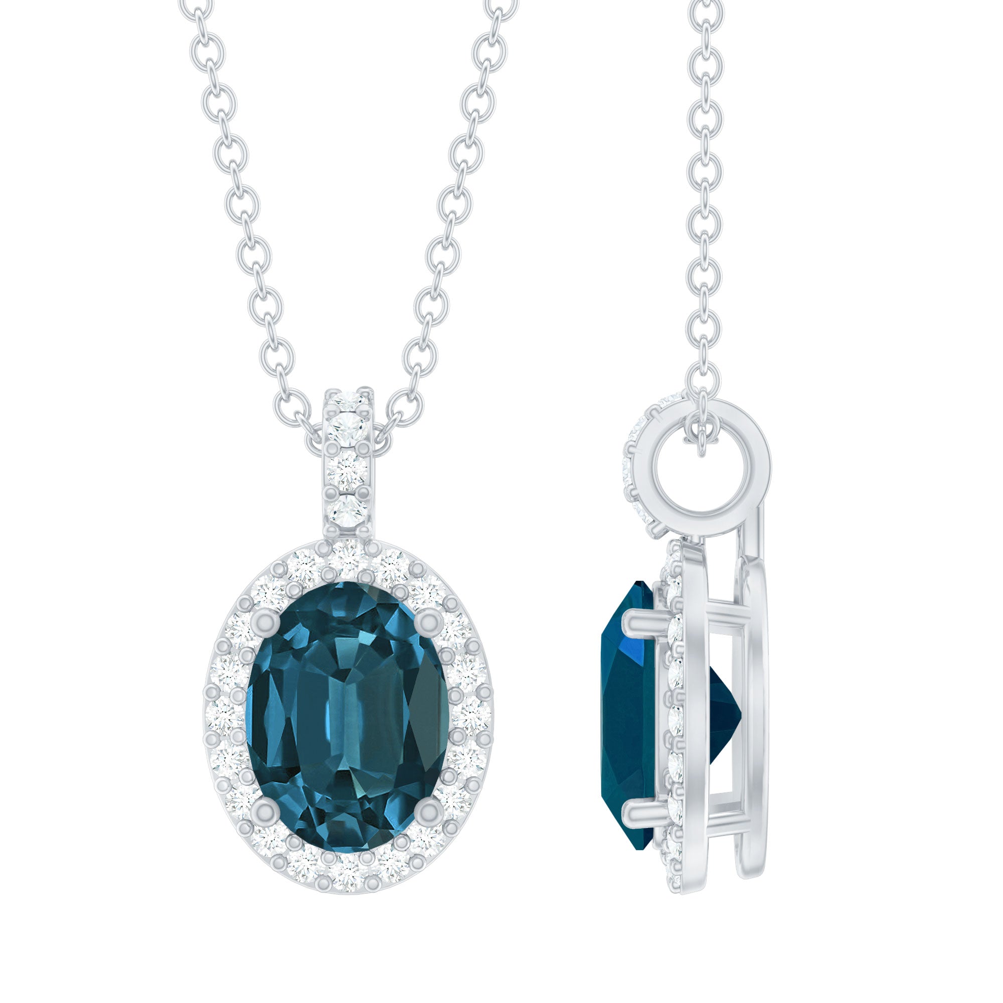Genuine London Blue Topaz and Diamond Classic Necklace With Chain
