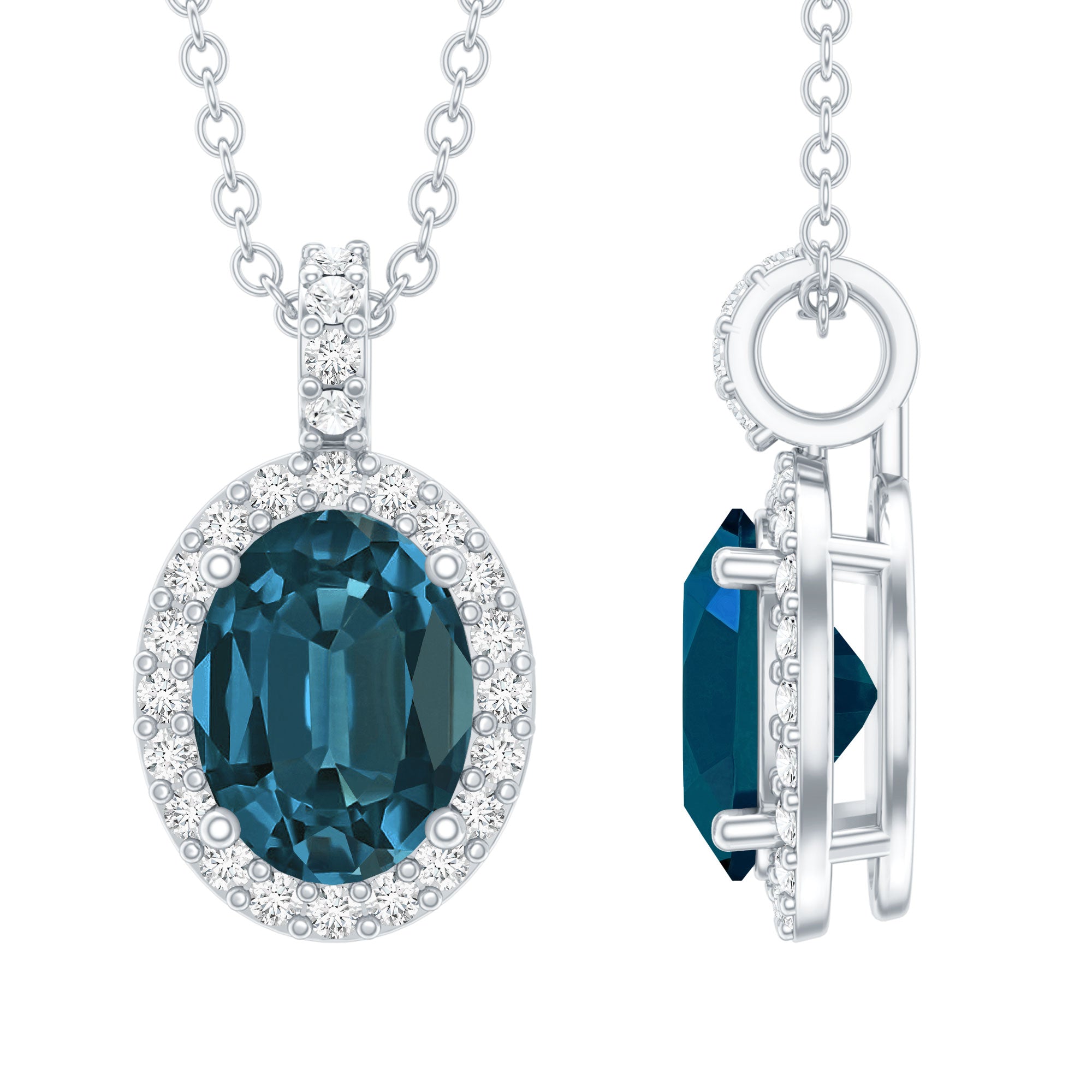 Genuine London Blue Topaz and Diamond Classic Necklace With Chain AAA - Rosec Jewels