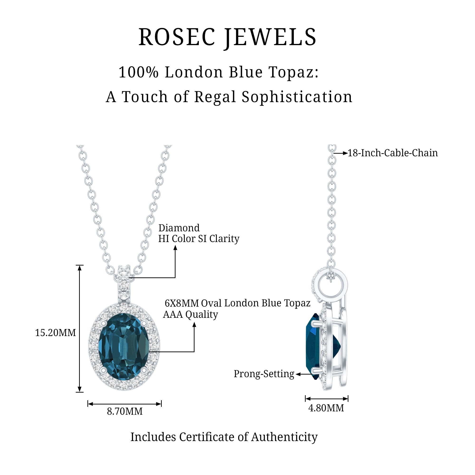 Genuine London Blue Topaz and Diamond Classic Necklace With Chain AAA - Rosec Jewels