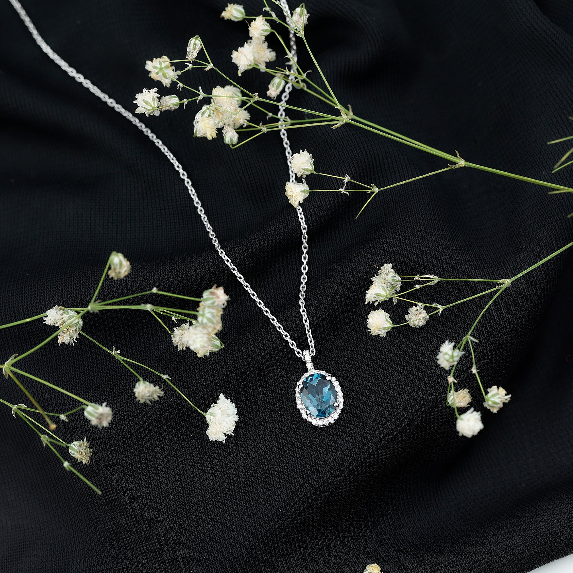 Genuine London Blue Topaz and Diamond Classic Necklace With Chain AAA - Rosec Jewels