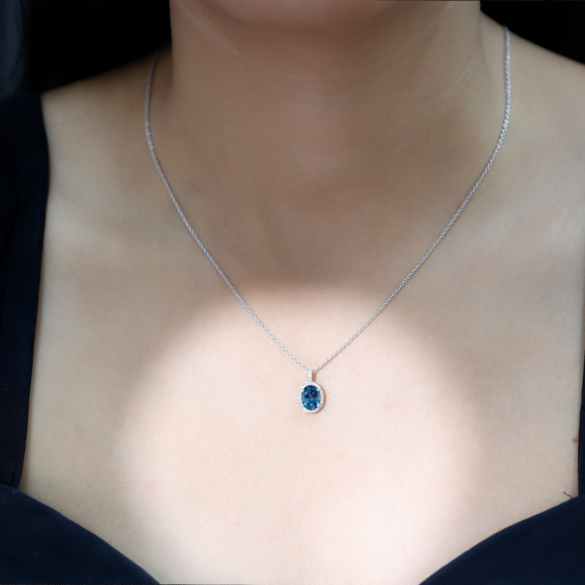 Genuine London Blue Topaz and Diamond Classic Necklace With Chain AAA - Rosec Jewels