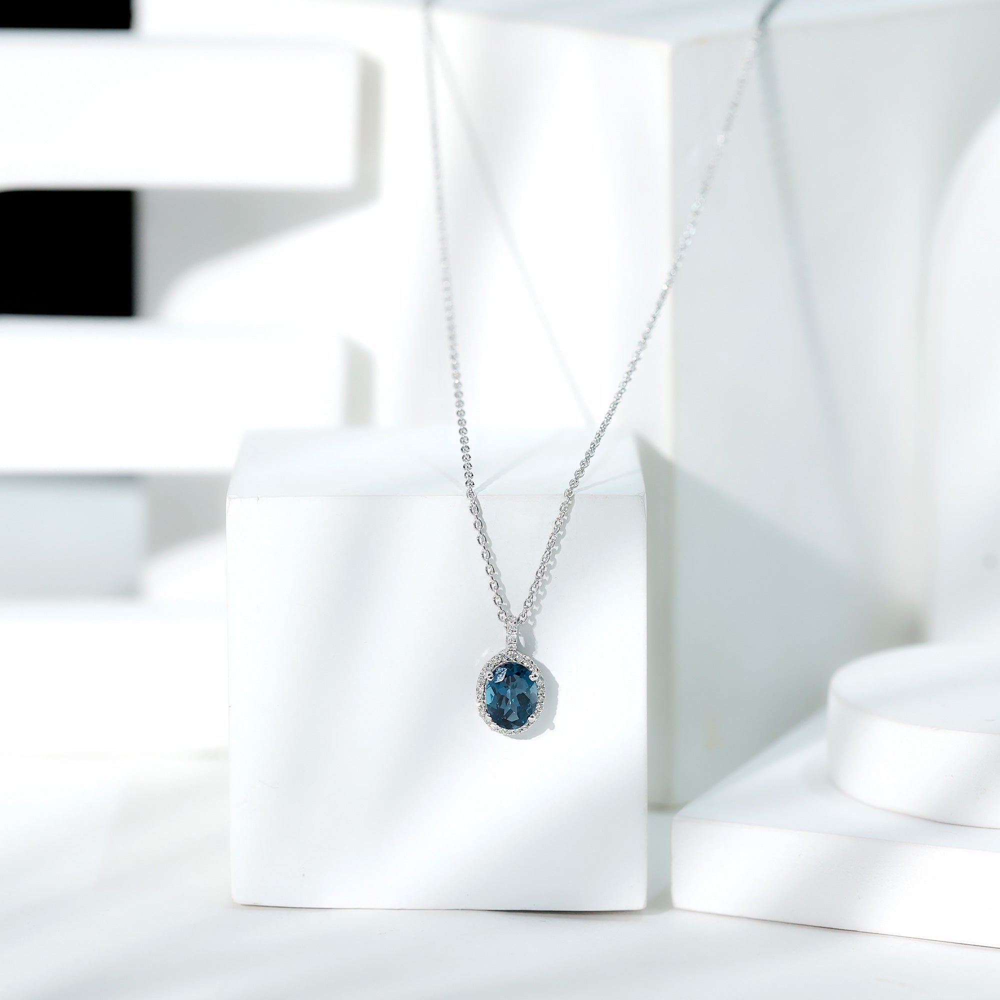 Genuine London Blue Topaz and Diamond Classic Necklace With Chain AAA - Rosec Jewels