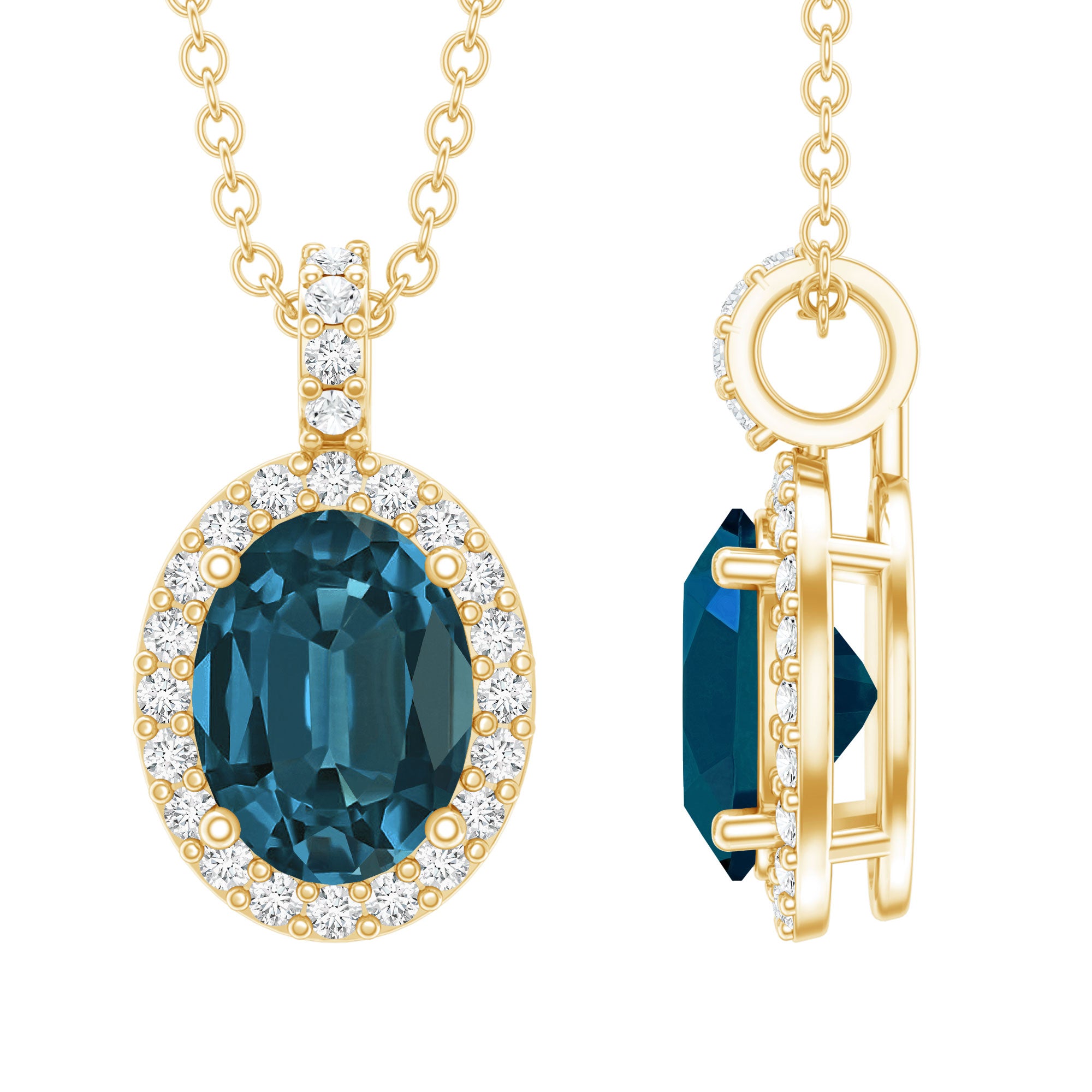 Genuine London Blue Topaz and Diamond Classic Necklace With Chain AAA - Rosec Jewels