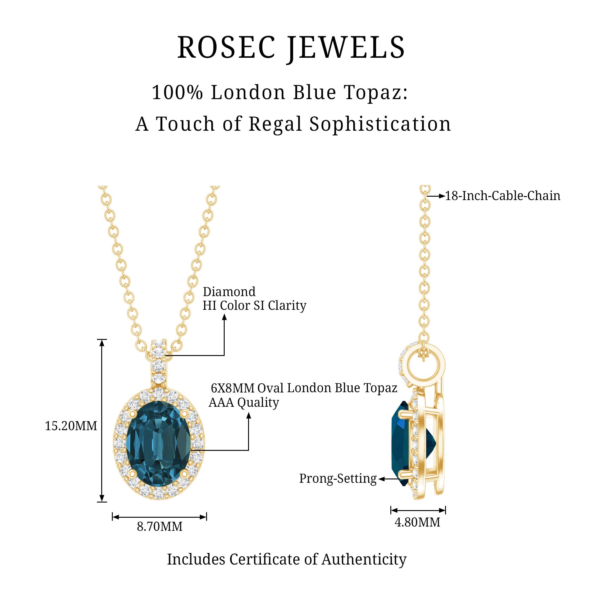 Genuine London Blue Topaz and Diamond Classic Necklace With Chain AAA - Rosec Jewels