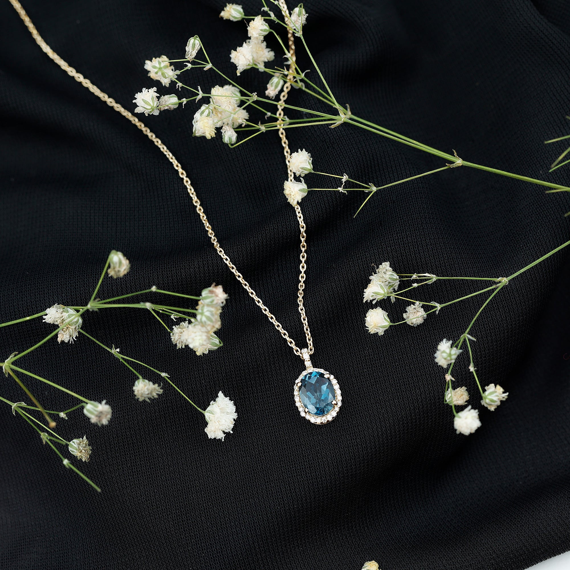 Genuine London Blue Topaz and Diamond Classic Necklace With Chain AAA - Rosec Jewels