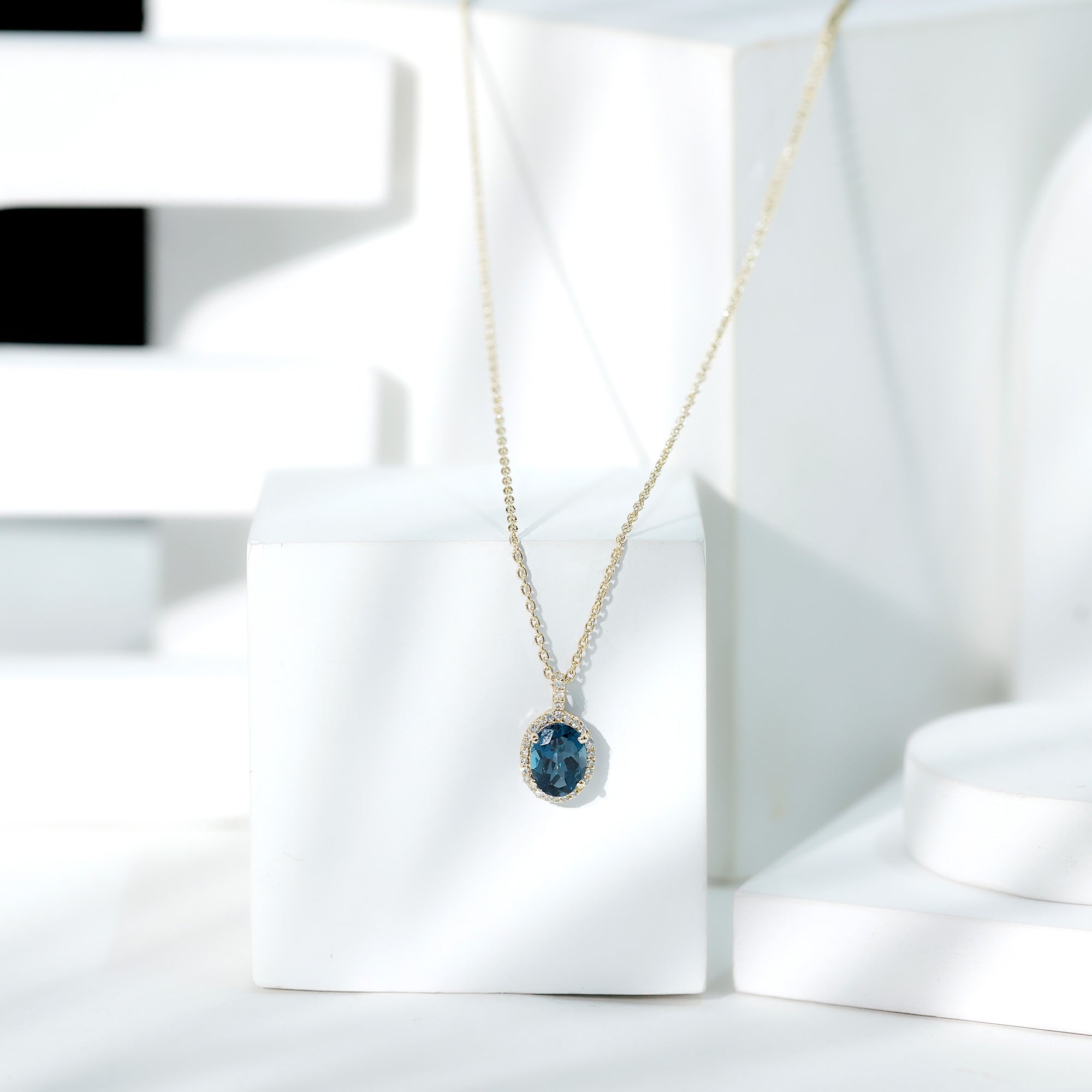 Genuine London Blue Topaz and Diamond Classic Necklace With Chain AAA - Rosec Jewels