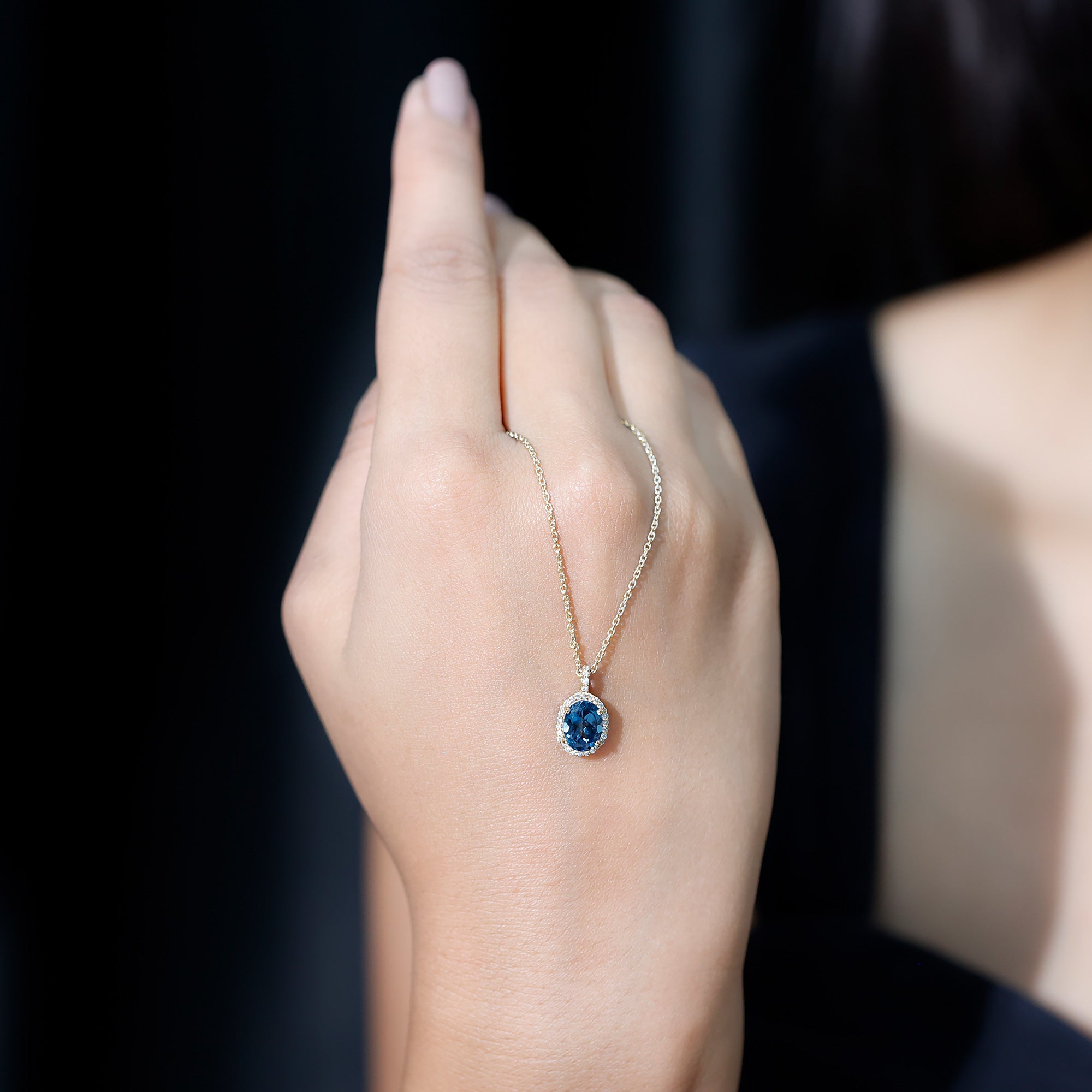Genuine London Blue Topaz and Diamond Classic Necklace With Chain AAA - Rosec Jewels
