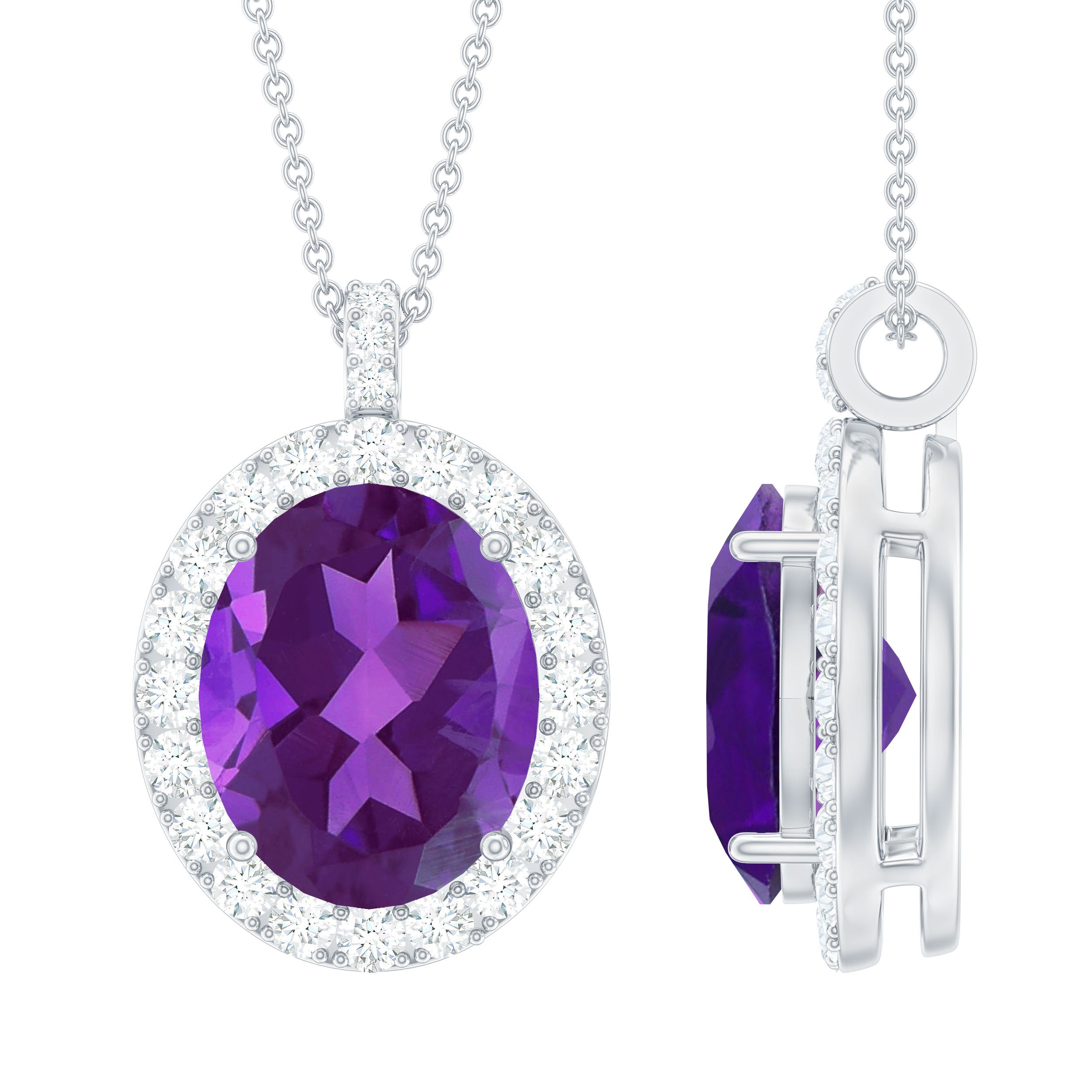 Certified 8X10 MM Amethyst Oval Pendant with Moissanite Halo
