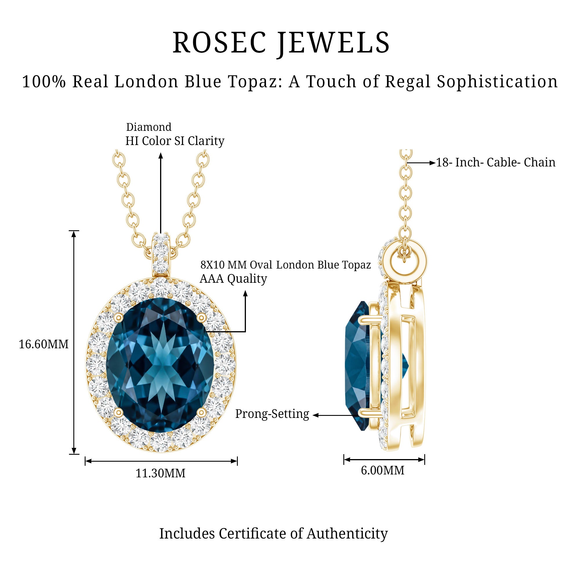 Genuine 2.5 Carat Oval Cut London Blue Topaz and Diamond Necklace AAA - Rosec Jewels