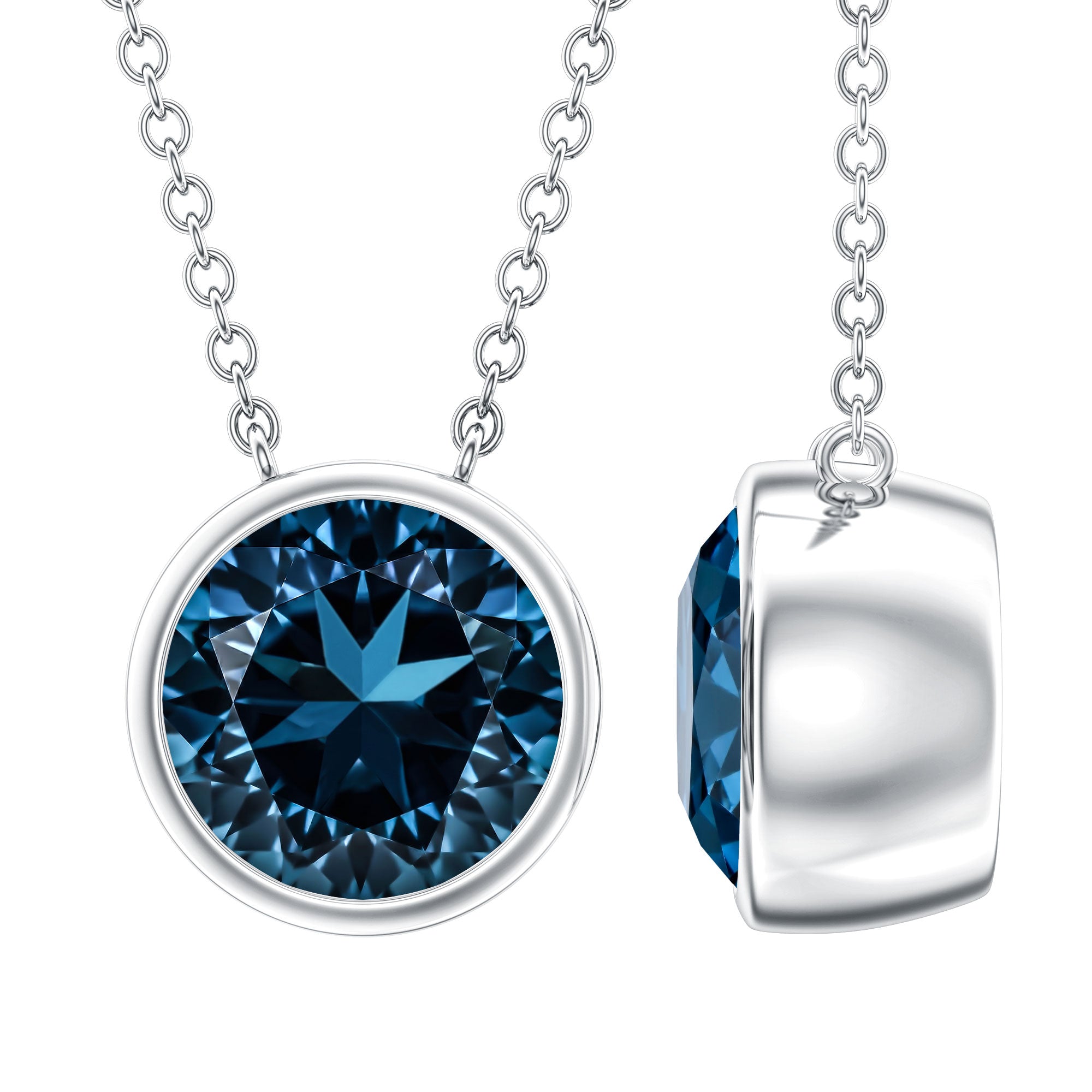 2 Carat Solitaire London Blue Topaz Chain Necklace in Bezel Setting AAA - Rosec Jewels