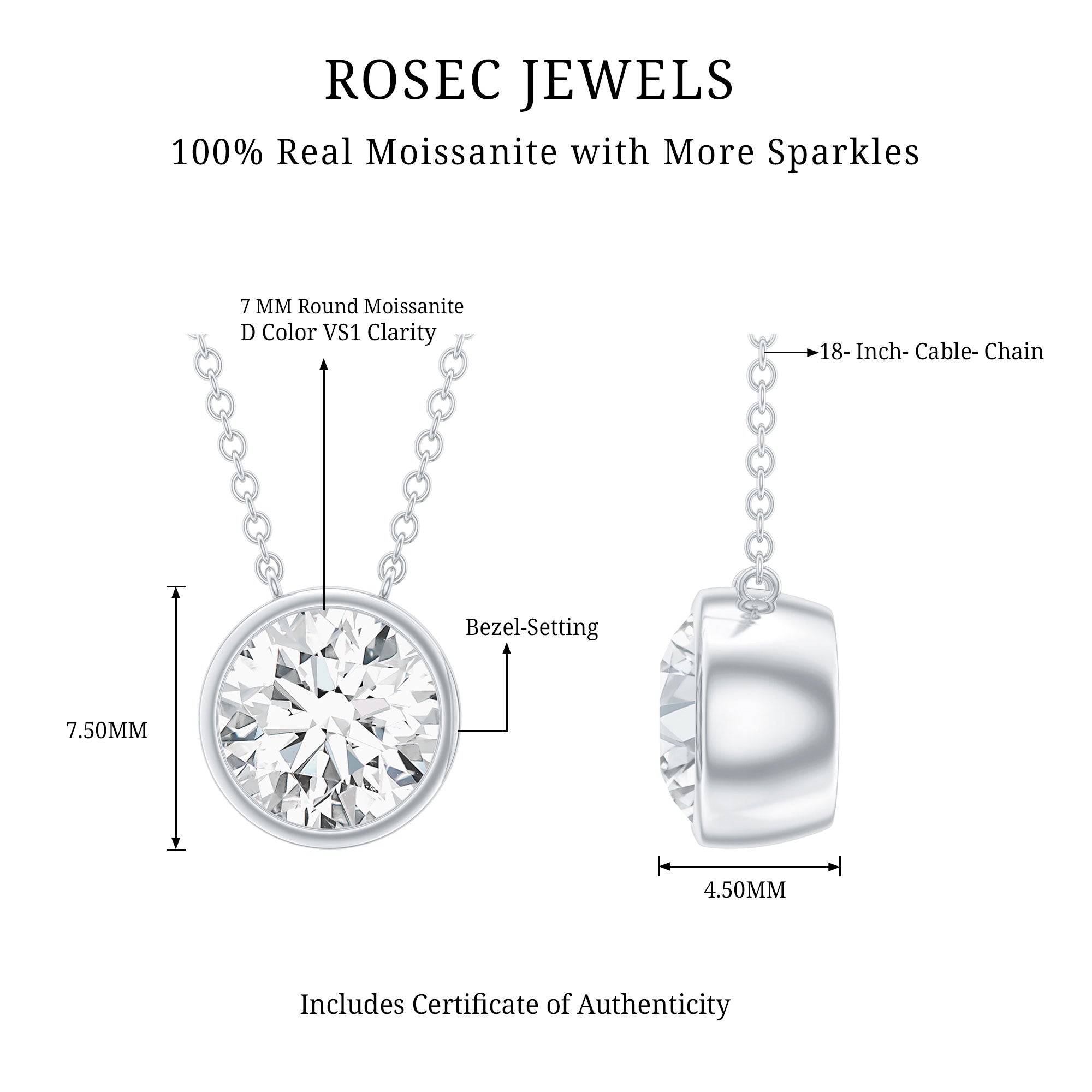 1 Carat Moissanite Solitaire Necklace in Bezel Setting D-VS1 - Rosec Jewels