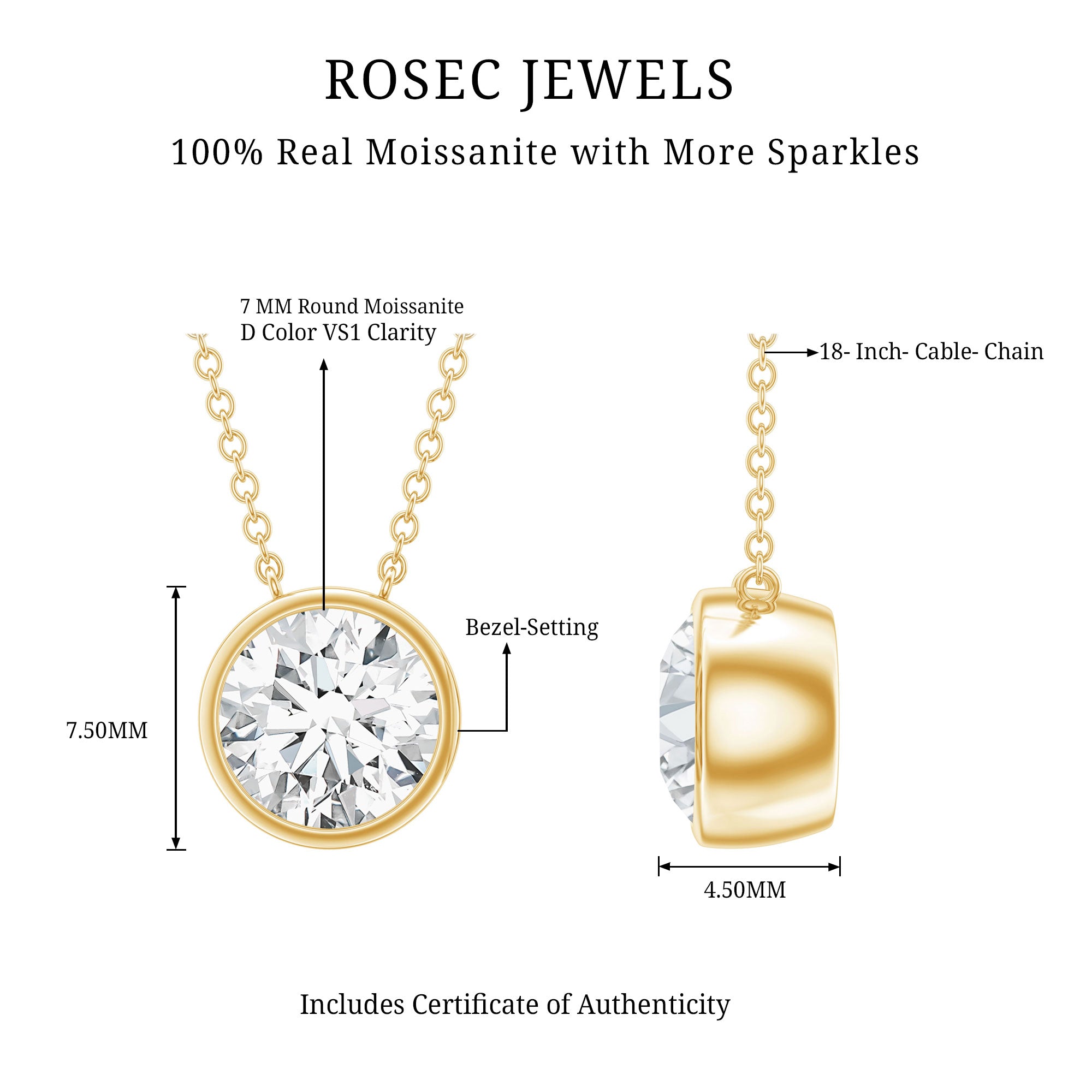 1 Carat Moissanite Solitaire Necklace in Bezel Setting D-VS1 - Rosec Jewels