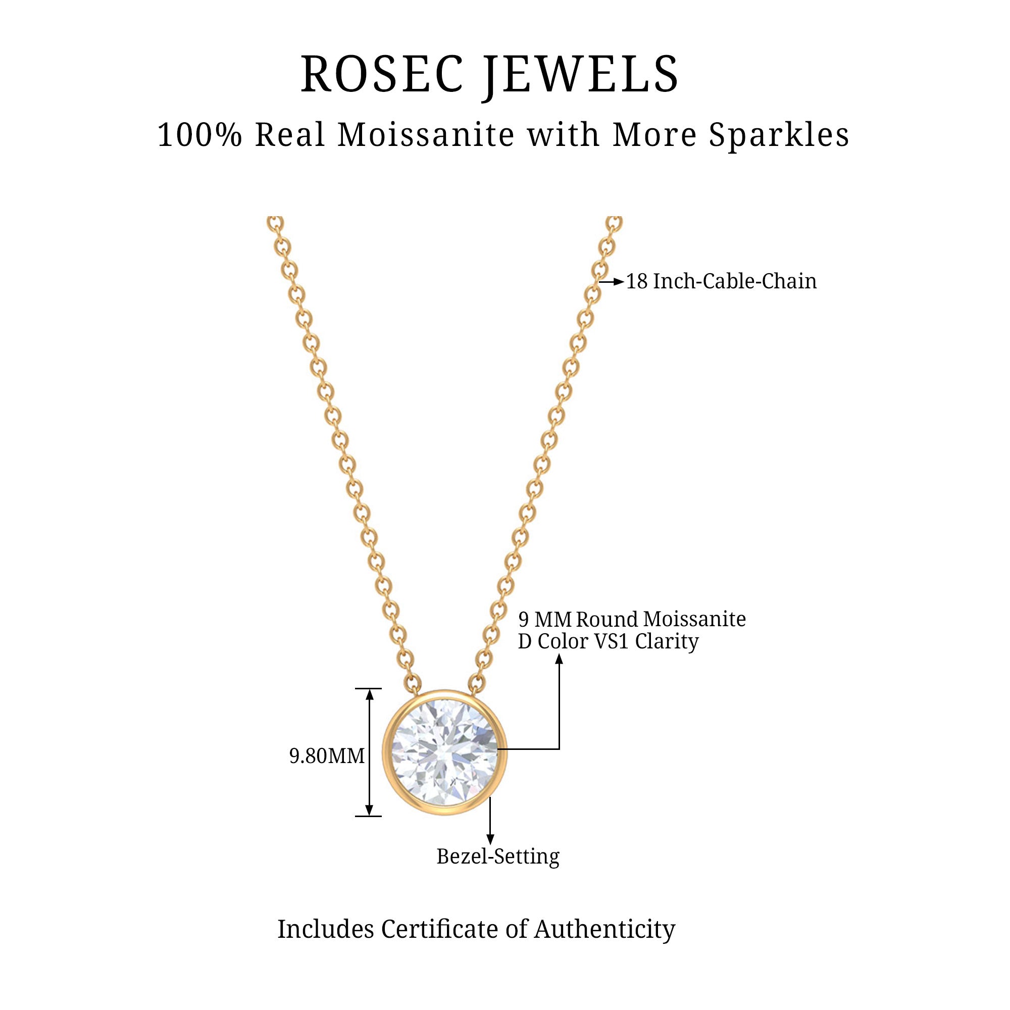 Bezel Set 3 Carat Moissanite Solitaire Necklace D-VS1 - Rosec Jewels