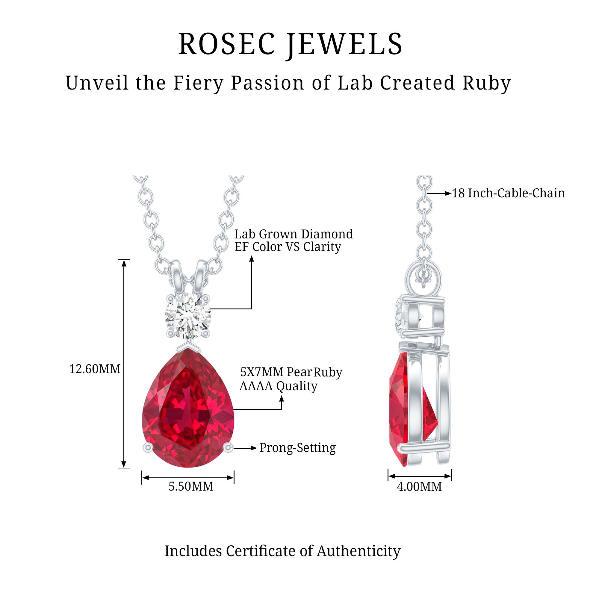 Pear Shape Lab Grown Ruby Teardrop Necklace with Diamond AAAA - Rosec Jewels