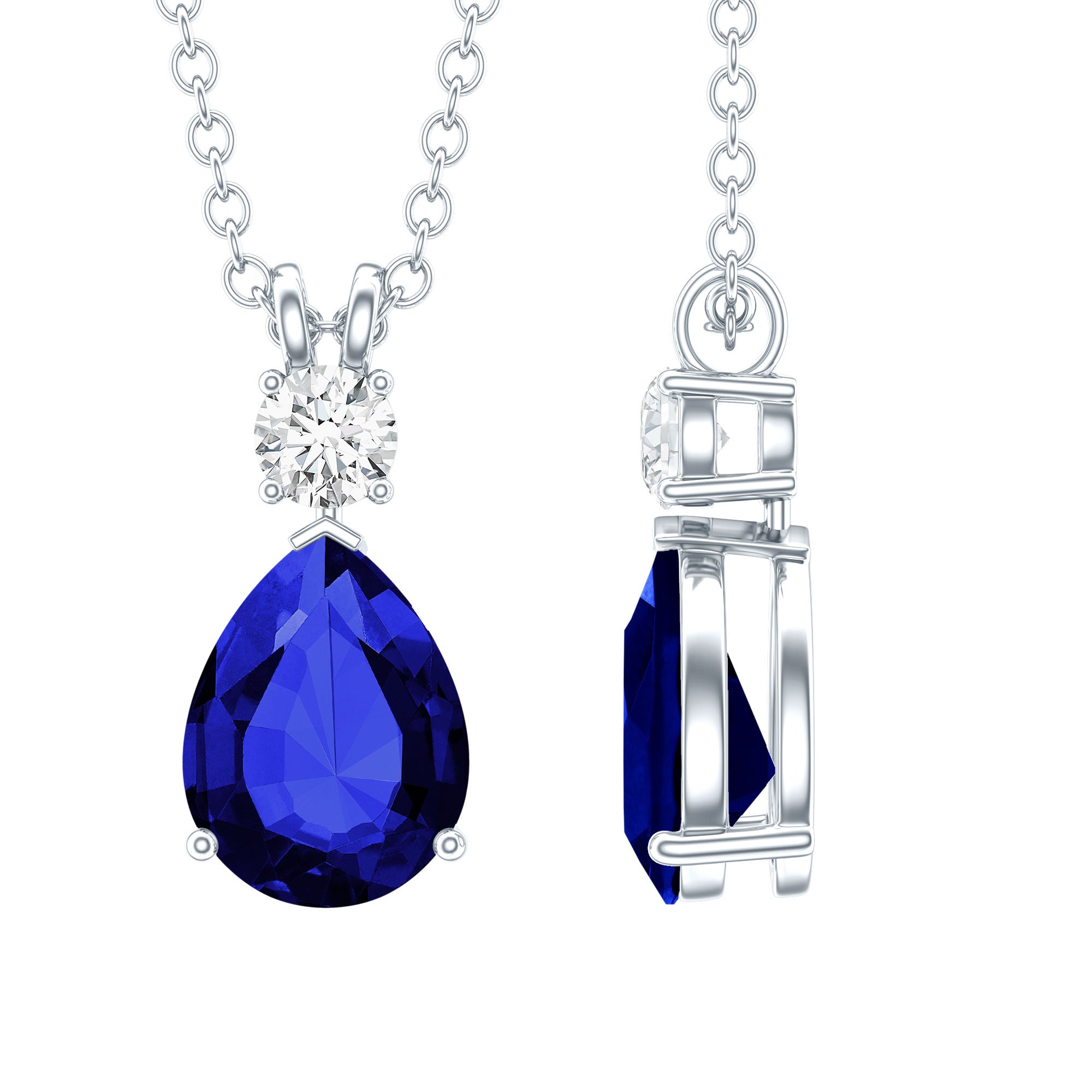 Lab Created Blue Sapphire Teardrop Necklace with Moissanite