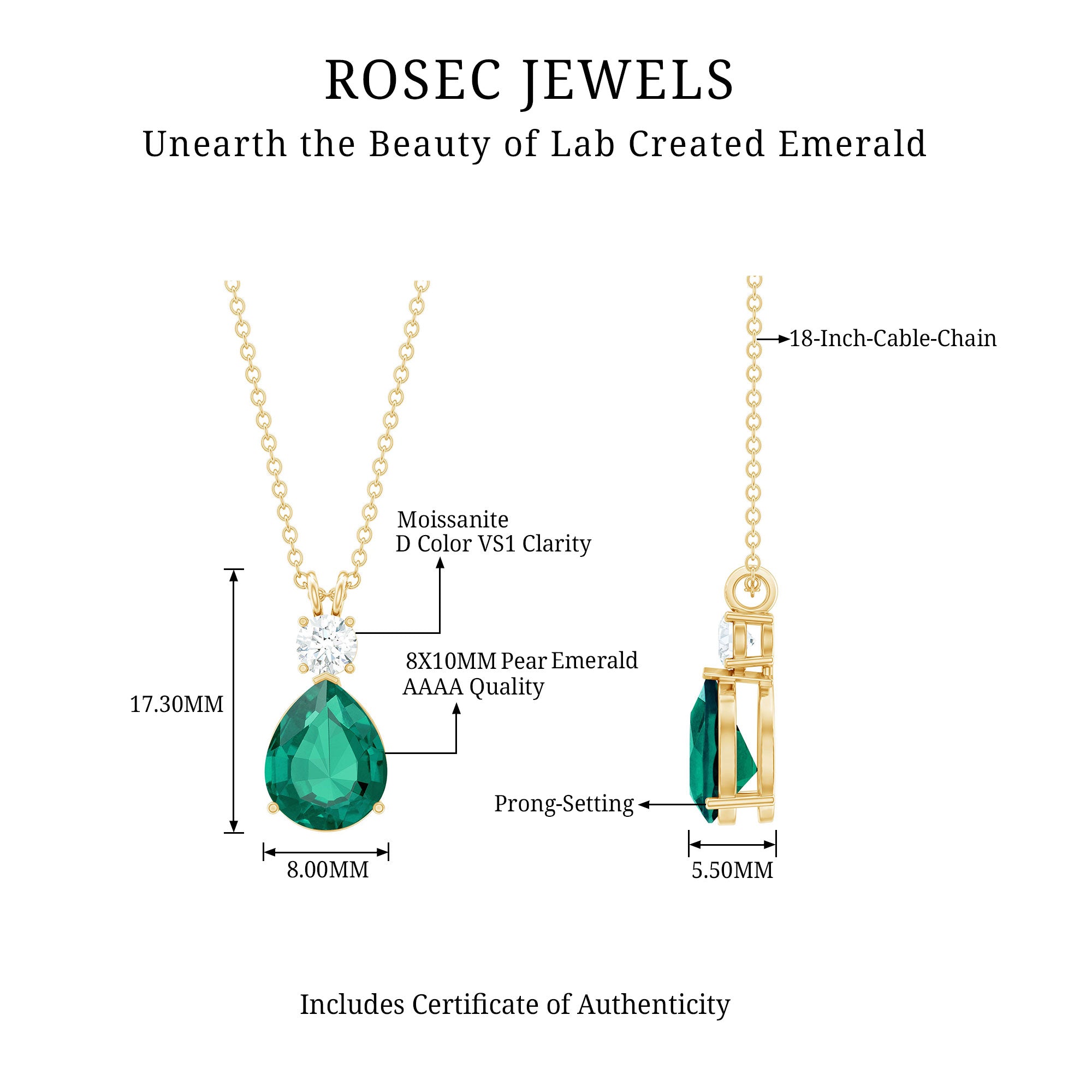 Lab Grown Emerald Teardrop Pendant with Moissanite AAAA - Rosec Jewels