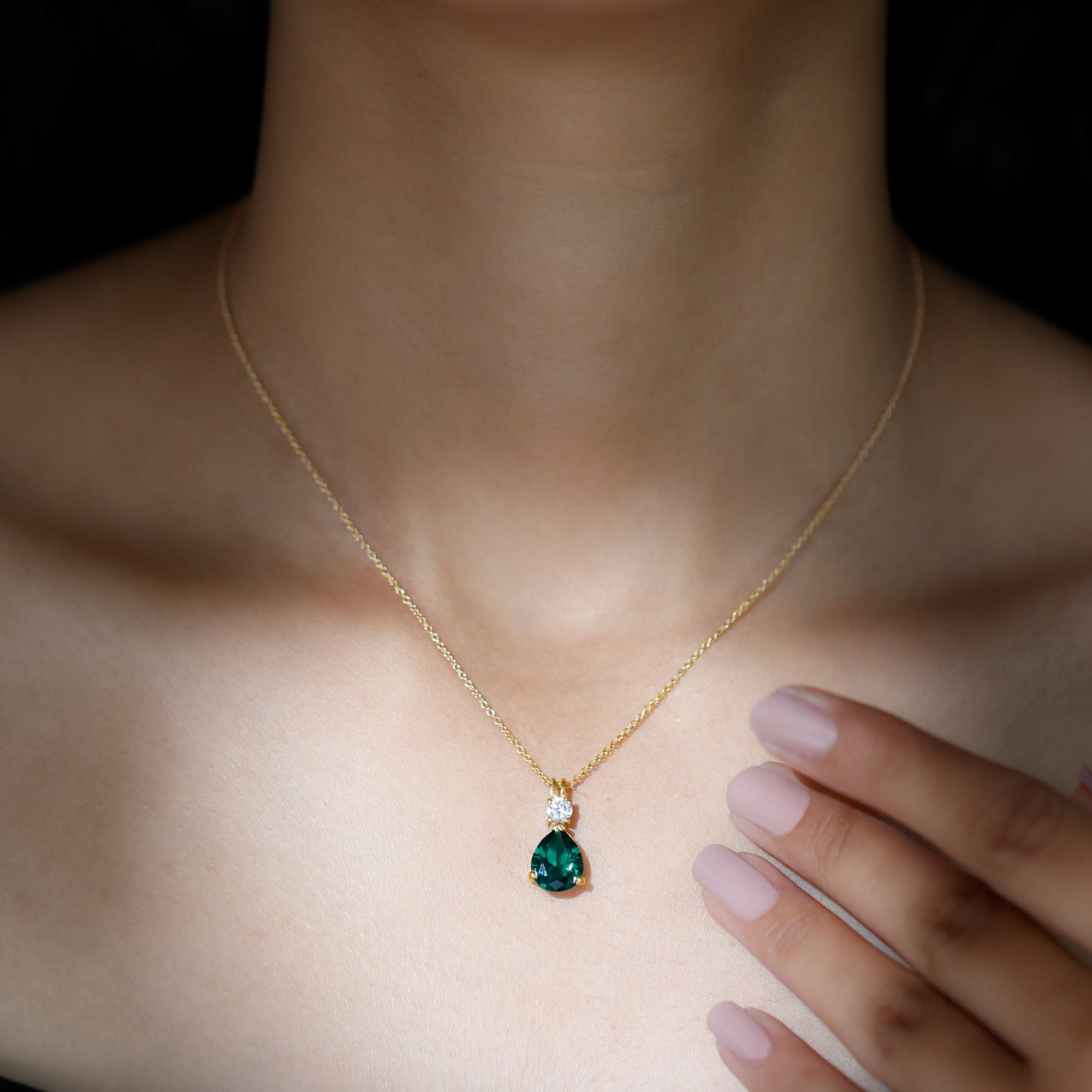 Lab Grown Emerald Teardrop Pendant with Moissanite AAAA - Rosec Jewels