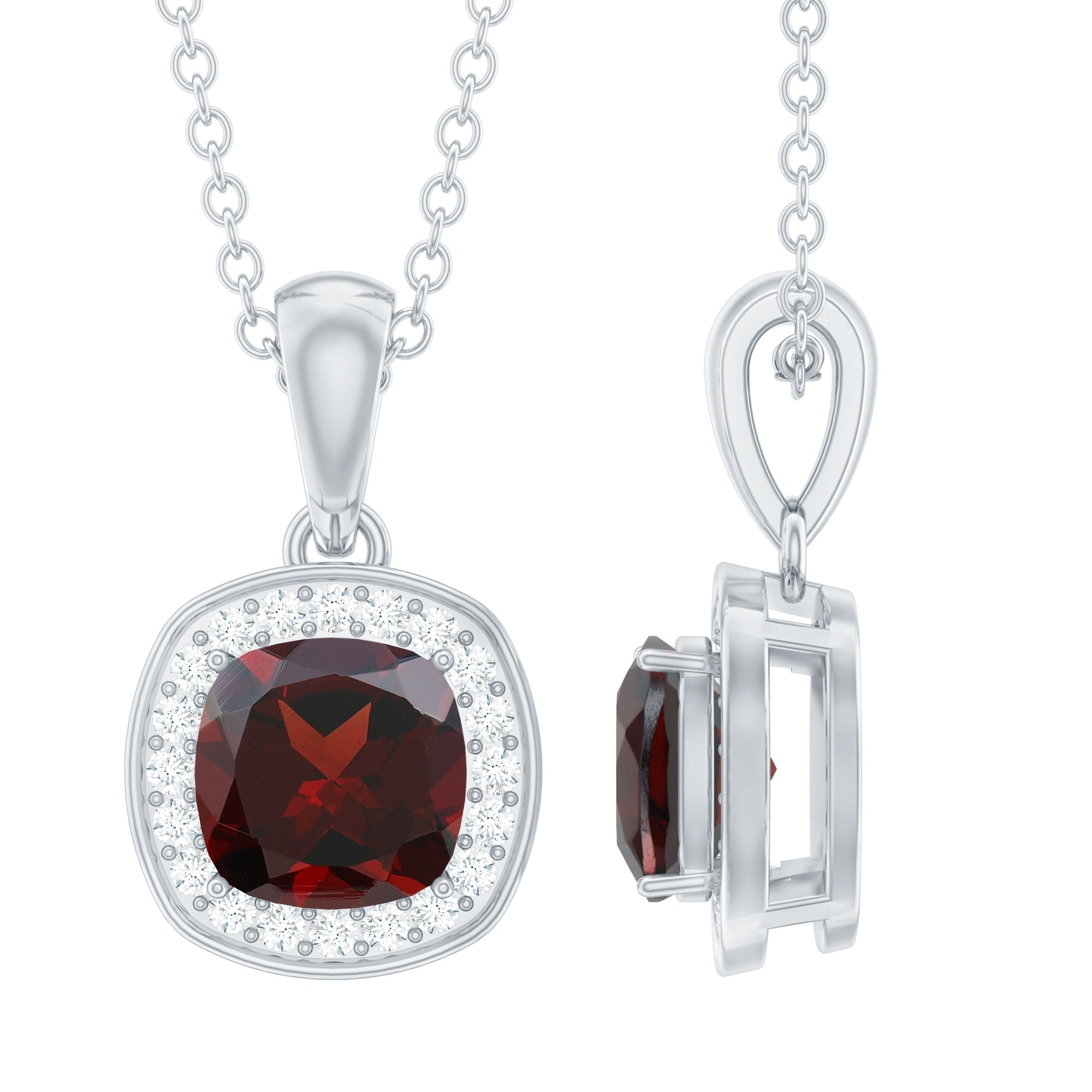 Klassieke halo-hangerketting van 1,50 CT met granaat en diamant