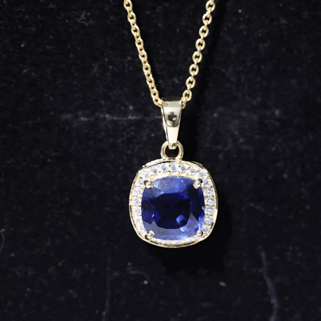 2.7 Carat Cushion Cut Lab Created Blue Sapphire and Diamond Halo Pendant AAAA - Rosec Jewels