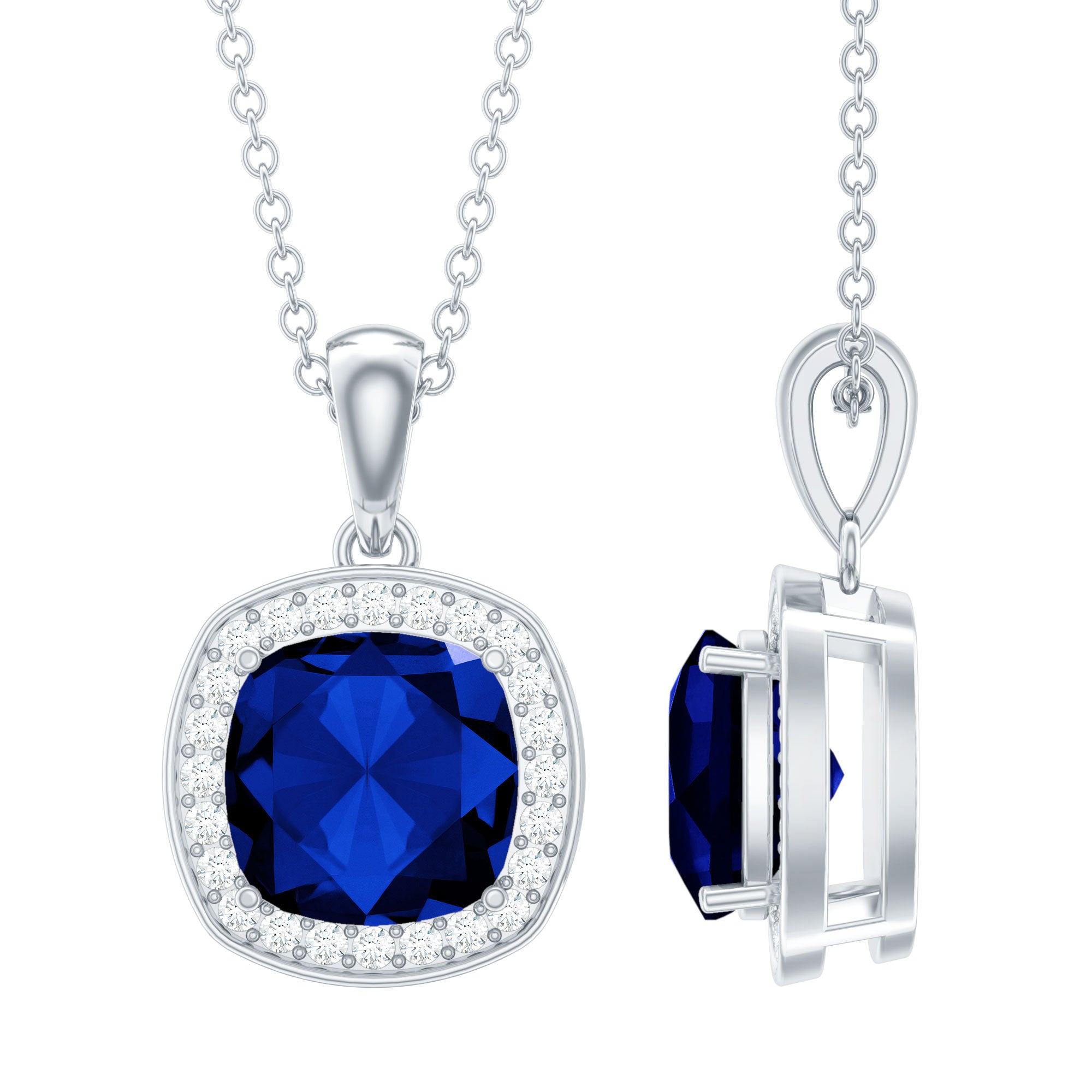 Cushion Cut Lab Created Blue Sapphire Halo Pendant With Moissanite