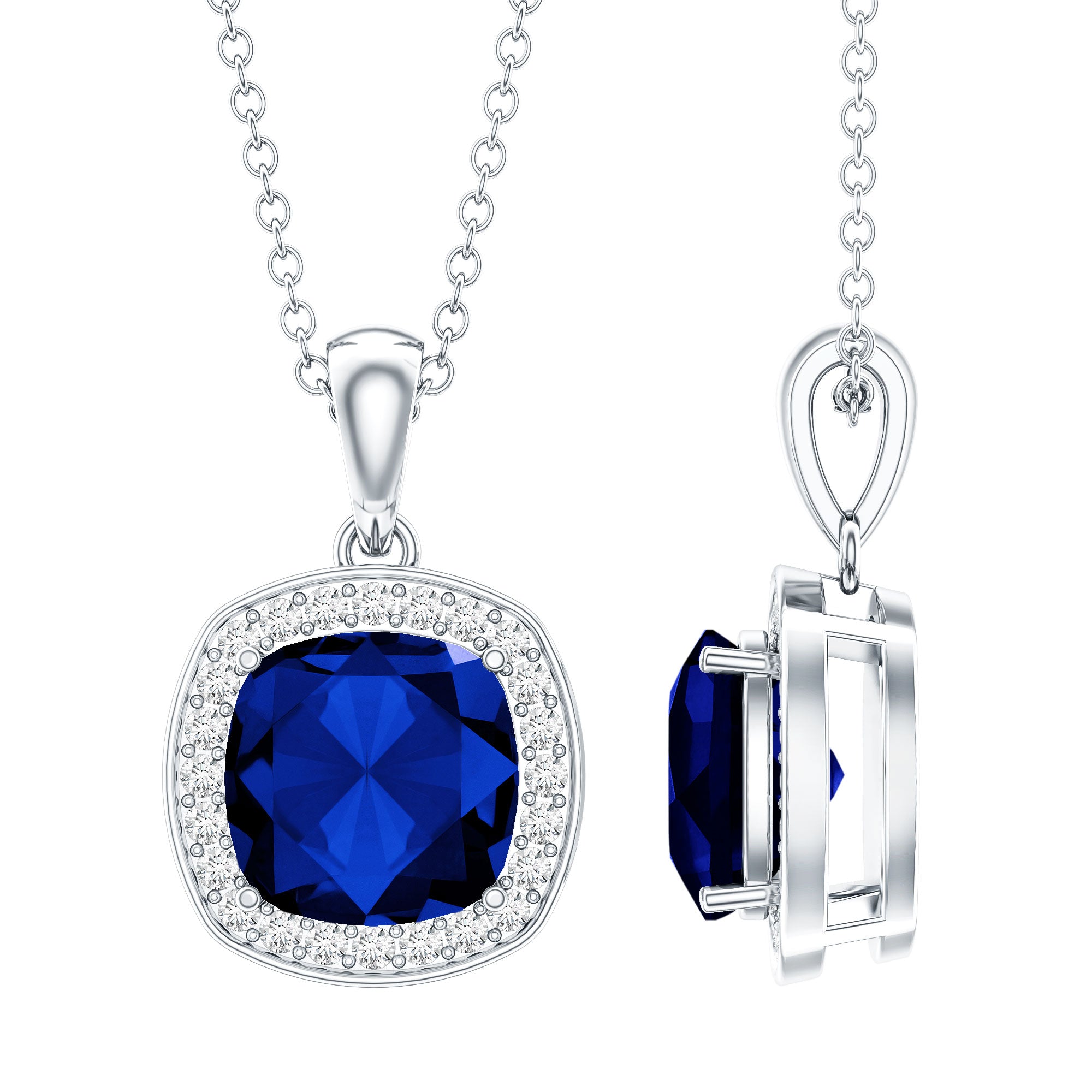 2.7 Carat Cushion Cut Lab Created Blue Sapphire and Diamond Halo Pendant AAAA - Rosec Jewels