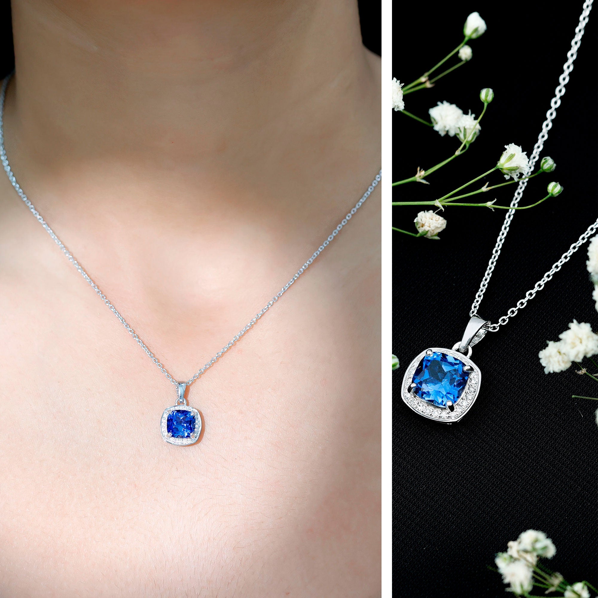 2.7 Carat Cushion Cut Lab Created Blue Sapphire and Diamond Halo Pendant AAAA - Rosec Jewels
