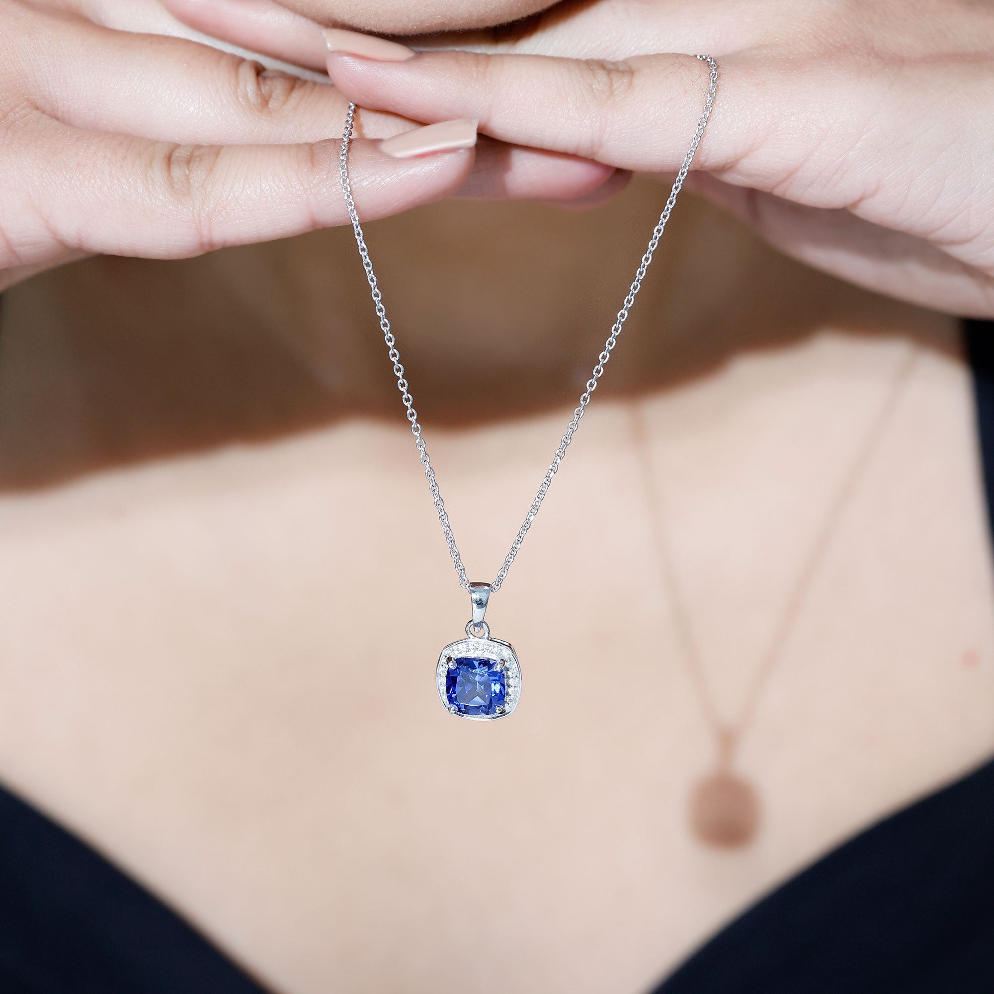 2.7 Carat Cushion Cut Lab Created Blue Sapphire and Diamond Halo Pendant AAAA - Rosec Jewels