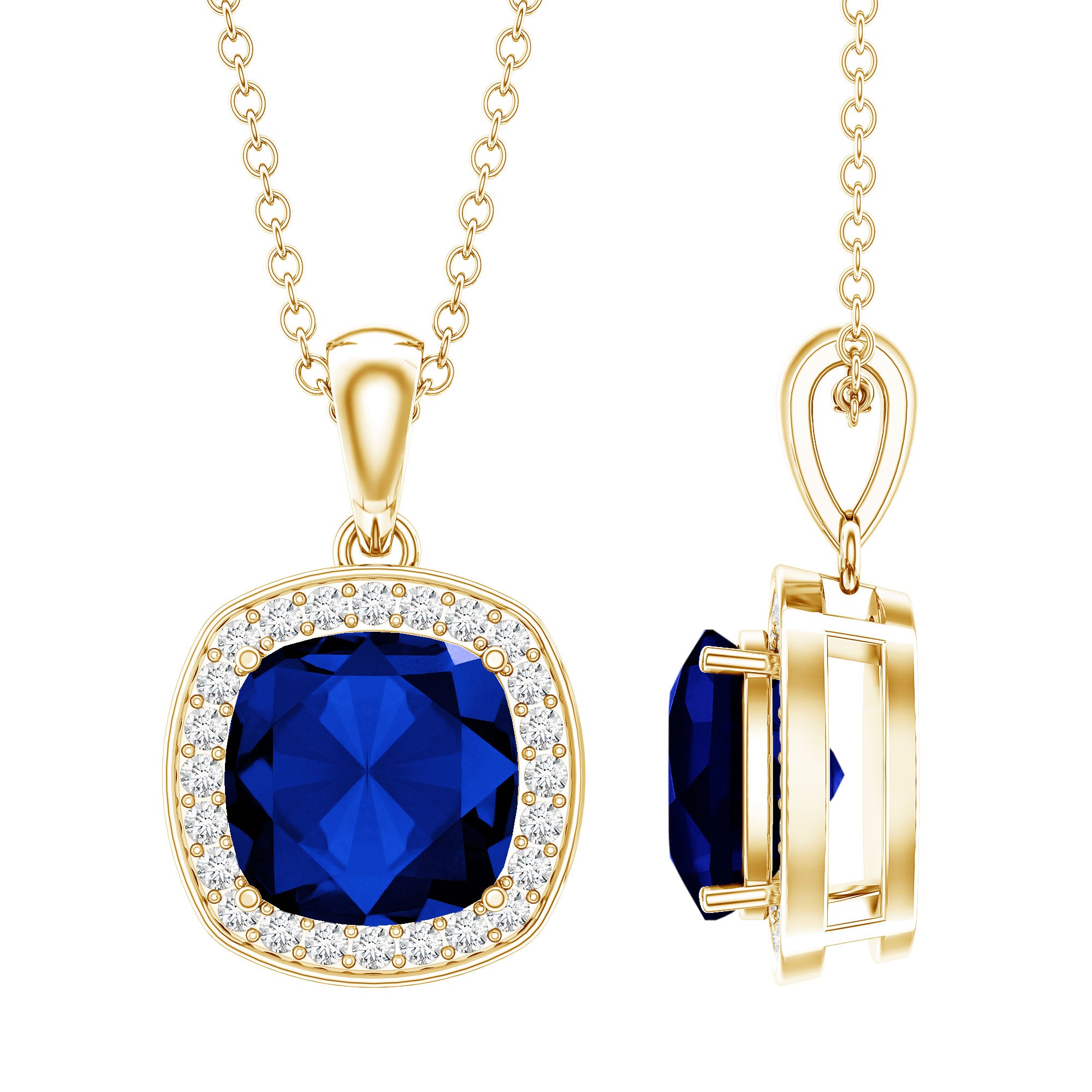2.7 Carat Cushion Cut Lab Created Blue Sapphire and Diamond Halo Pendant AAAA - Rosec Jewels